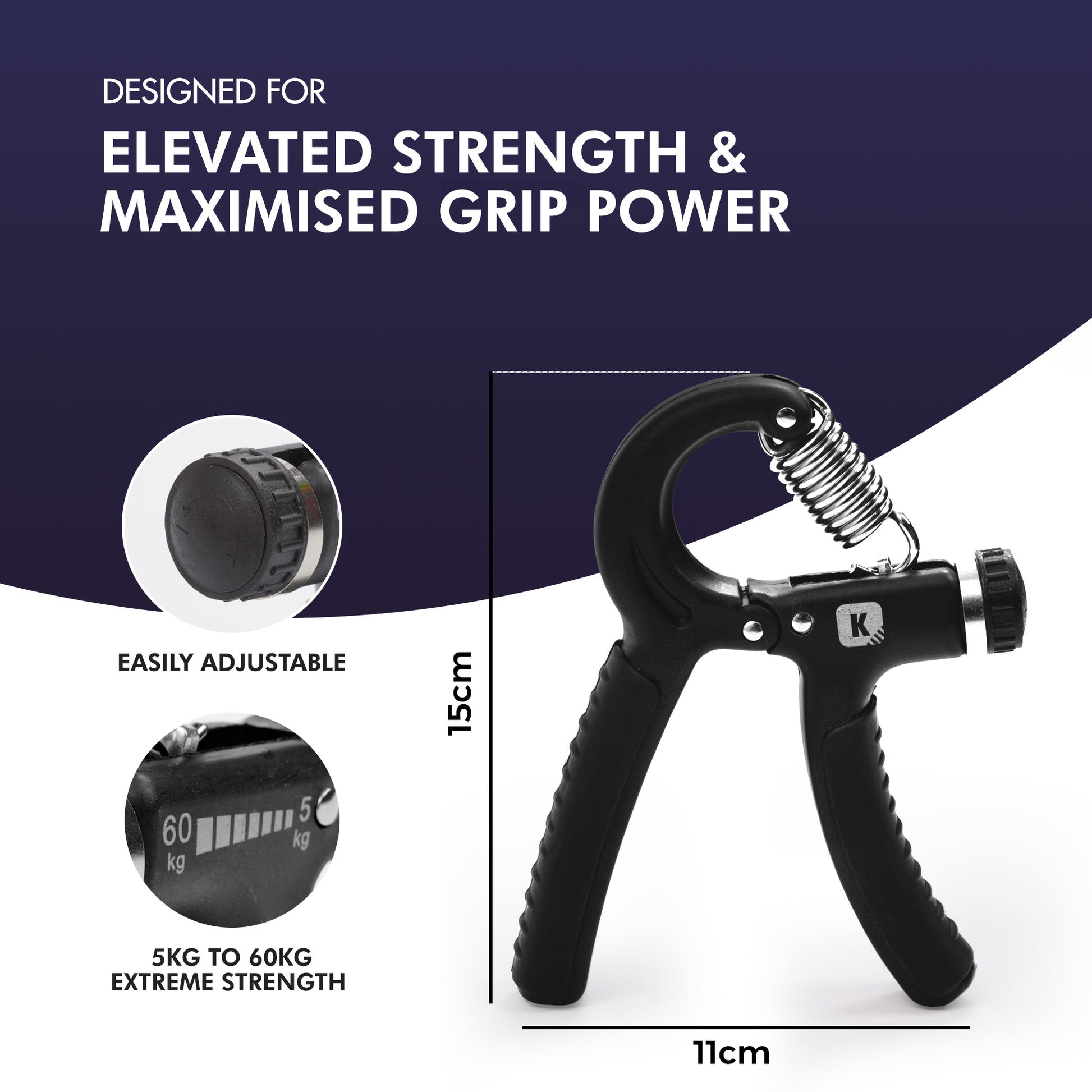 Kayman Grip Strengtheners - Adjustable Resistance Hand Exerciser - Strength Training for Forearm, Wrist & Hand - Durable PP+TPR - Fits All Hand Sizes ( Black )
