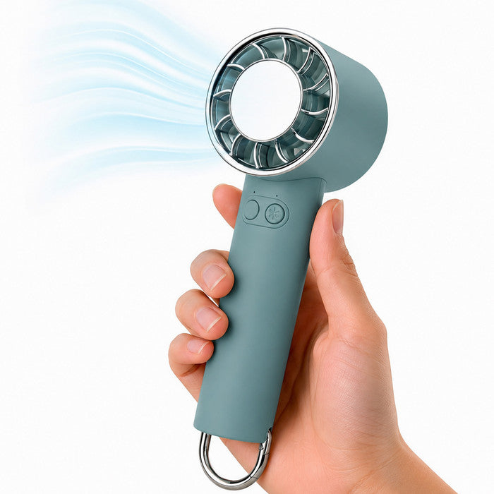 Haze green portable handheld fan with cooling plate held in hand
