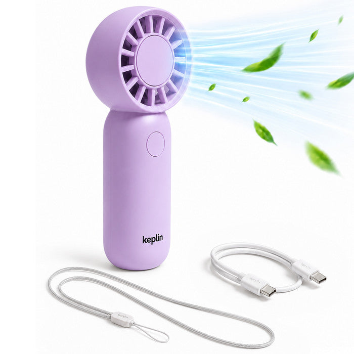 KEPLIN mini handheld fan Lavender with USB-C charging cable and wrist strap – USB rechargeable pocket fan
