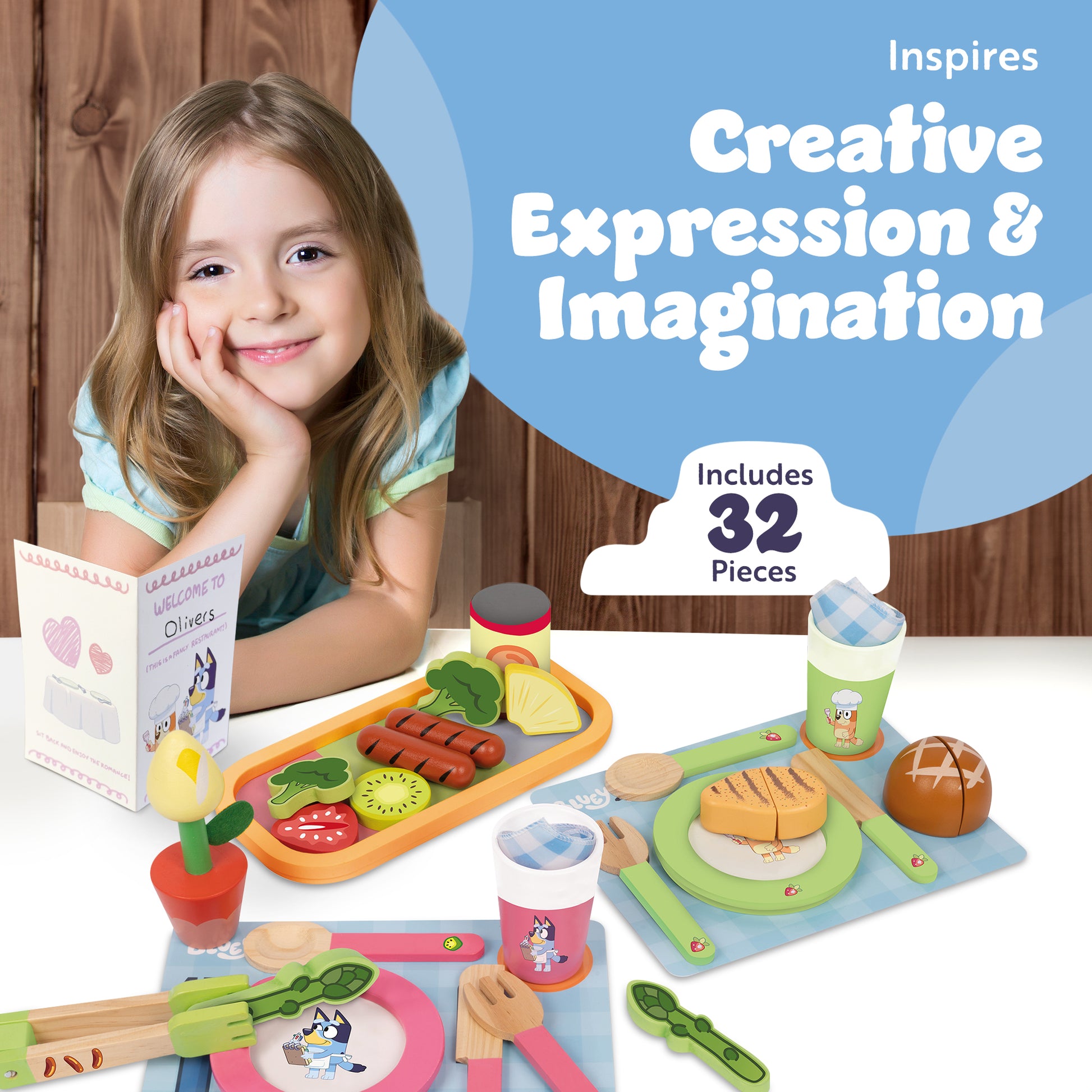 Bluey Dine-In 32-piece wooden toy set – Bluey and friends pretend play picnic set, FSC certified