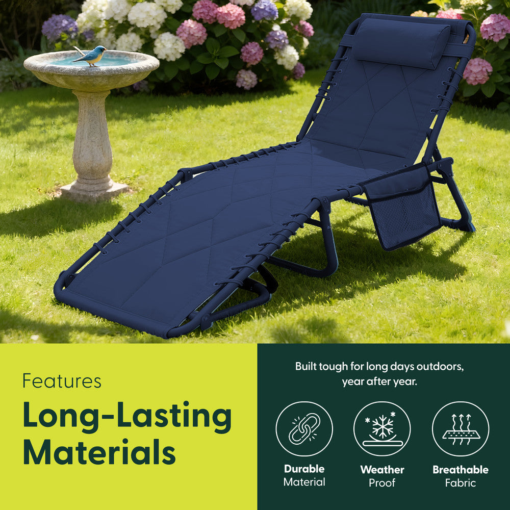 Navy Quilted Sun Lounger – Padded Folding Outdoor Garden Recliner Chair by Keplin