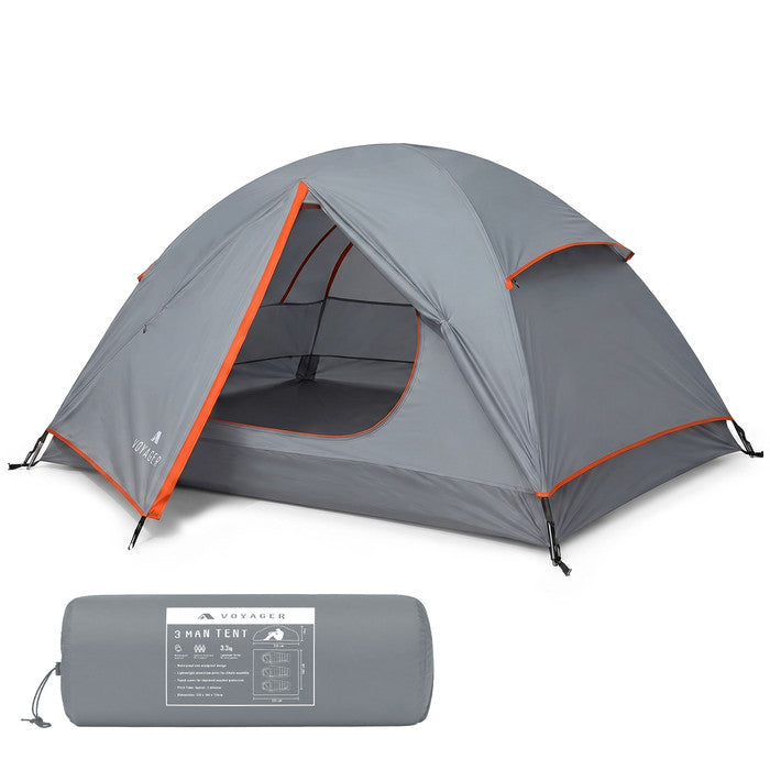Grey 3 man tent with carry bag, waterproof dome camping tent 225x185x120cm