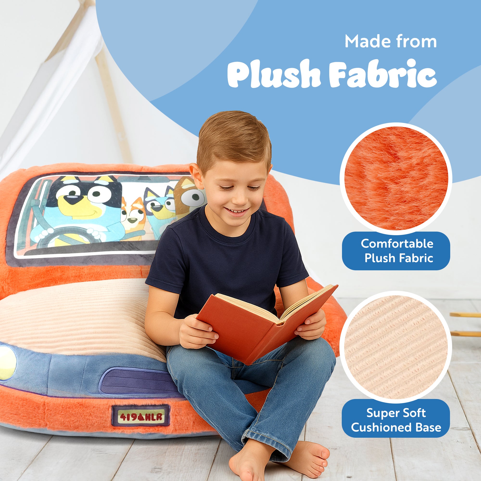 Bluey Car Sofa – Kids Plush Armchair Seat Family Car Design – Soft & Comfy Toddler Lounge Chair for Bedroom or Playroom – Lightweight & Portable Children’s Furniture
