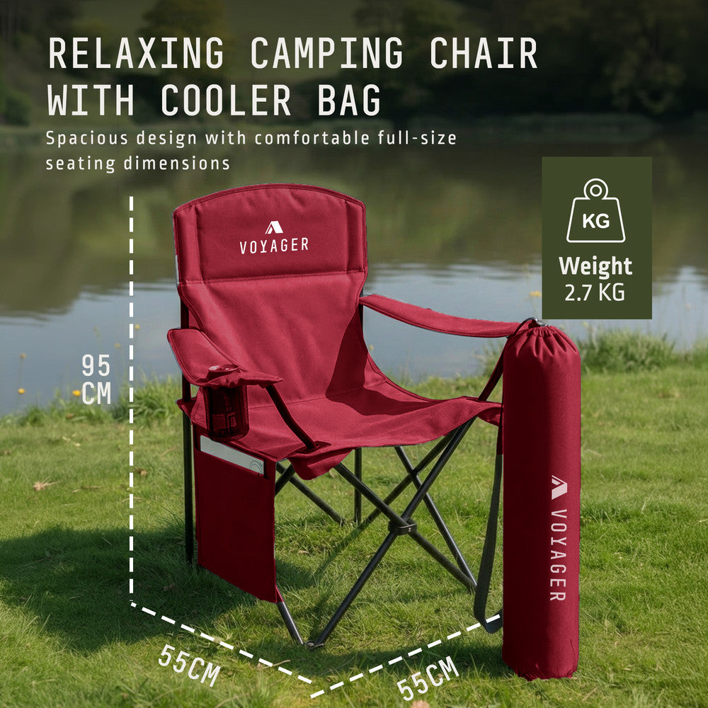 Red padded camping chairs 2-pack with drinks holder – reinforced metal frame 95cm tall outdoor seating