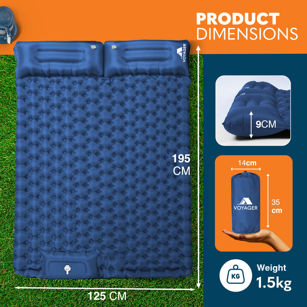 Inflation valve on blue double camping mat – fast inflate and deflate for hassle-free camping