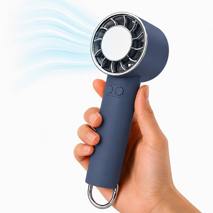 Midnight blue portable handheld fan with cooling plate held in hand