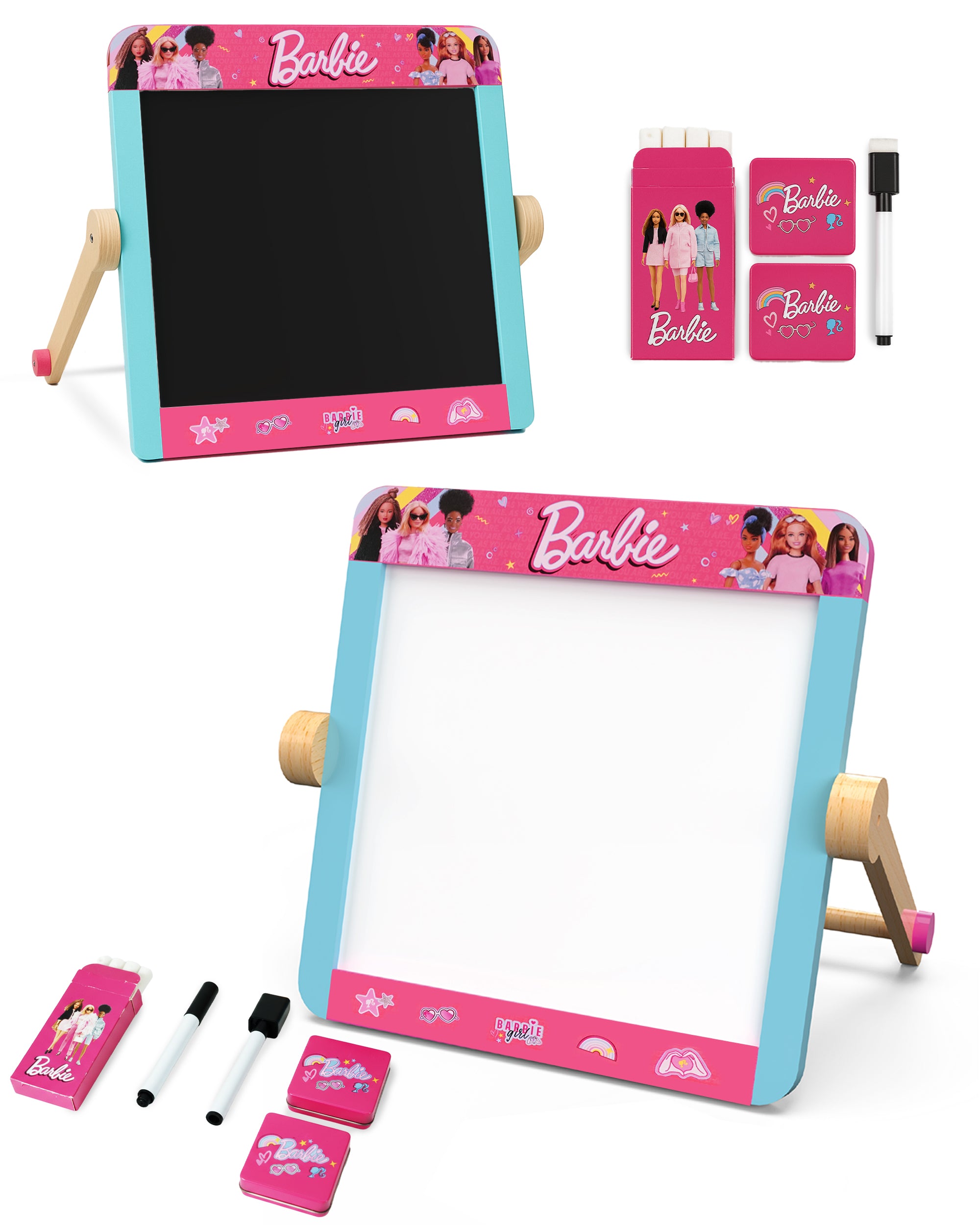 Barbie Tabletop Easel – Double Sided Blackboard & Whiteboard with Pen, Eraser & Chalk – Kids Drawing Art Board – Wooden Easel for Creative Play