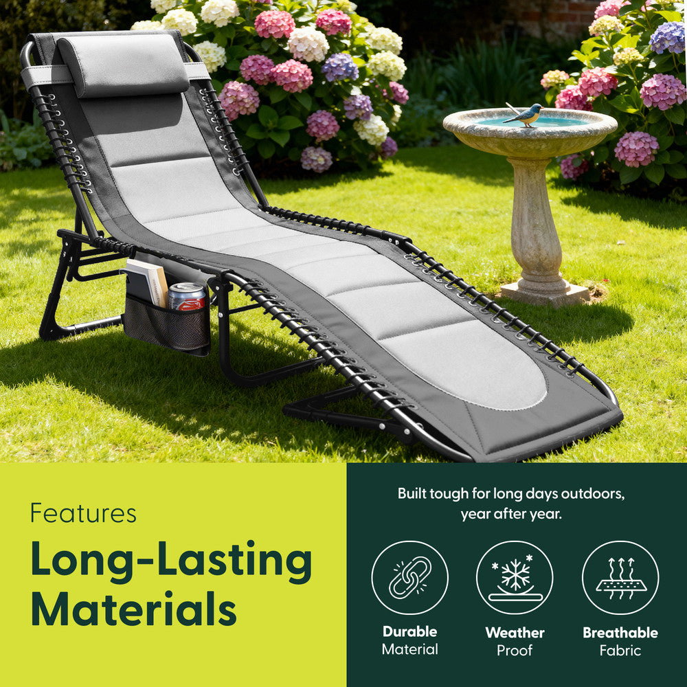 Grey Padded Foldable Sun Lounger – 600D Oxford Steel Frame Outdoor Garden Recliner Chair