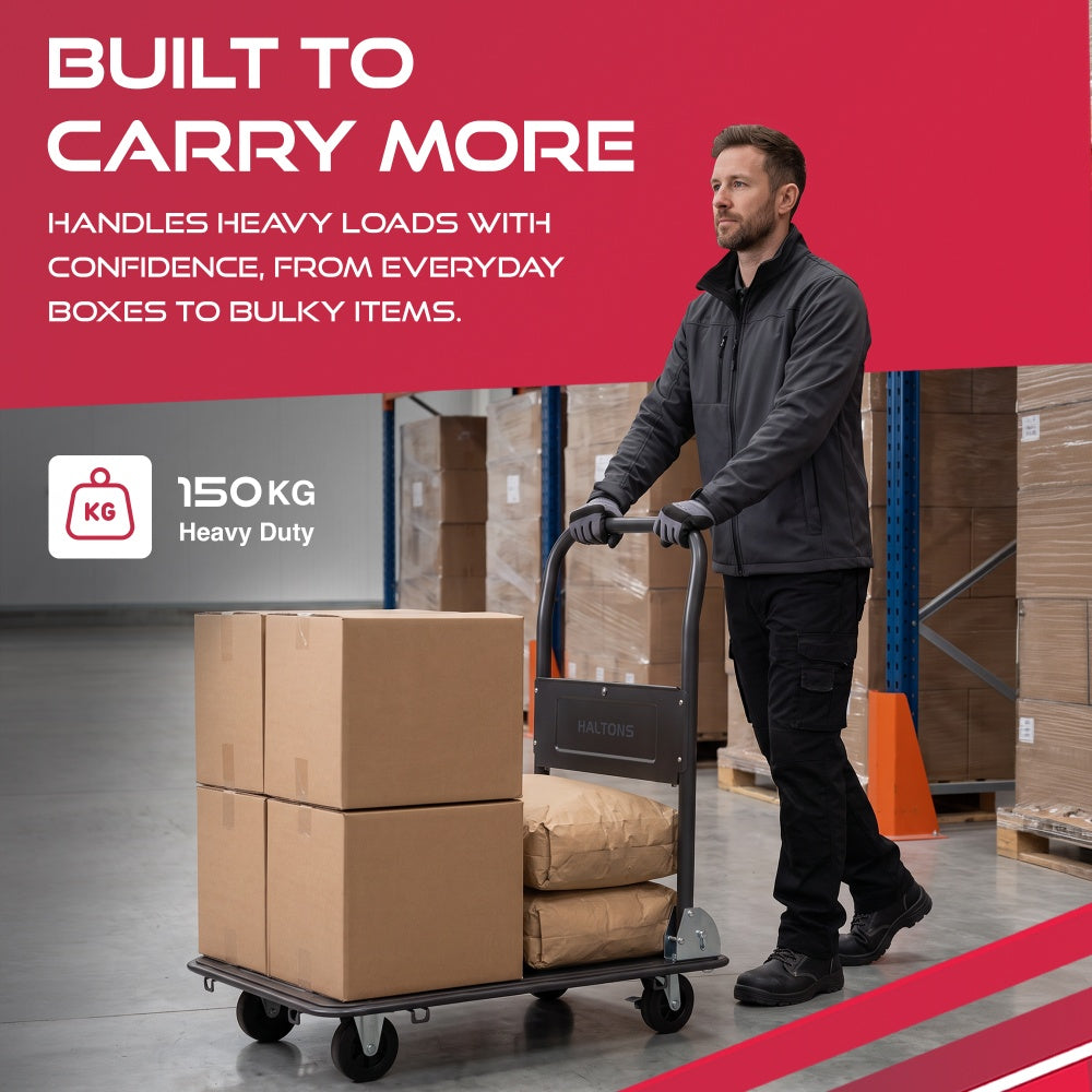 Man pushing a Haltons platform trolley loaded with boxes and sacks through a warehouse with a 150kg heavy duty badge