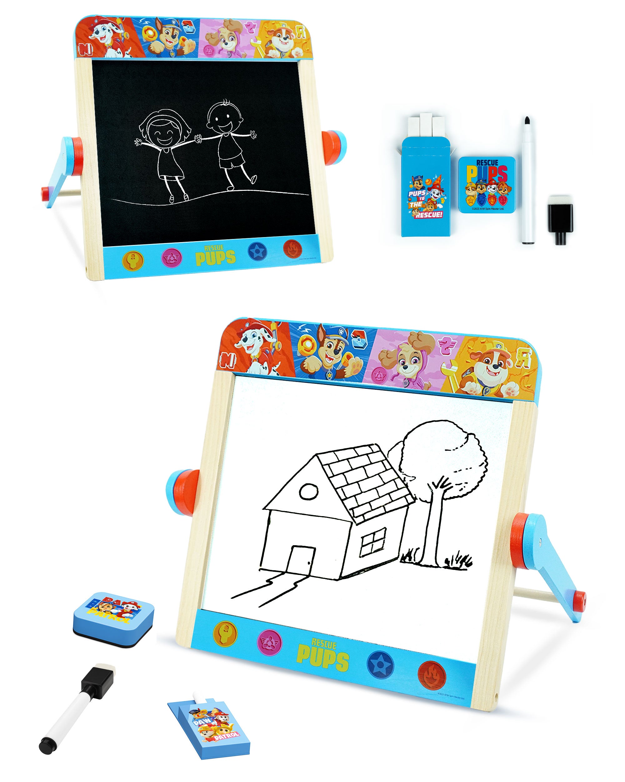 Paw Patrol Tabletop Easel for Kids – 2 in 1 Double-Sided Chalkboard and Whiteboard with Pen, Chalk & Eraser – Portable Drawing Board for Children