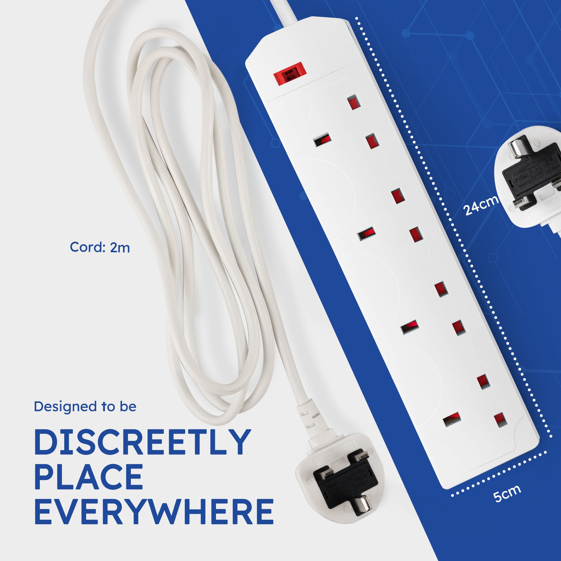 Desiretech Electric Extension Lead - 4 Gang, UK Plug & 3 Pin Socket - Wall Mountable & Multi Socket Mains Strip for Home, Bedroom, Kitchen, & Office (1 Pack) – image 20