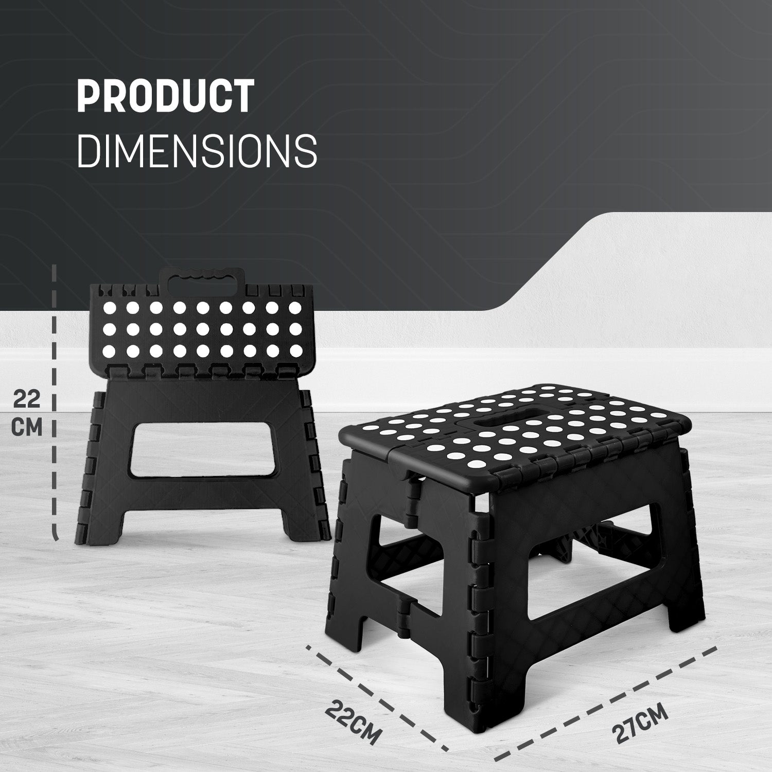 Silver folding step stool in use – reaching overhead kitchen cabinet