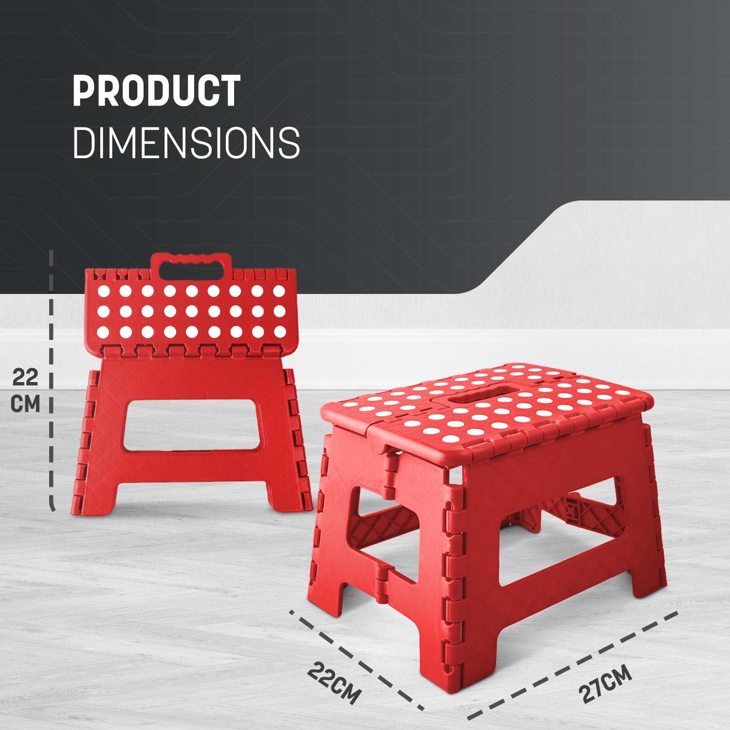 Black folding step stool in use – reaching high shelf kitchen storage