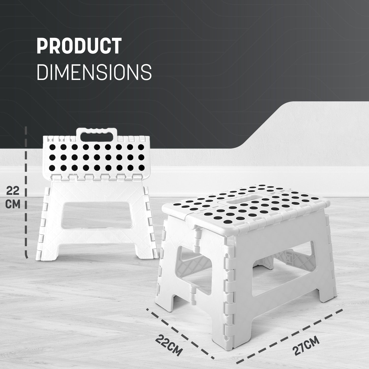 Grey folding step stool in use – reaching cabinet heavy duty 150kg