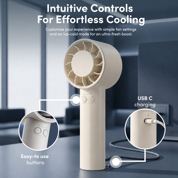 Portable fan USB-C charging port and easy-to-use button controls close-up