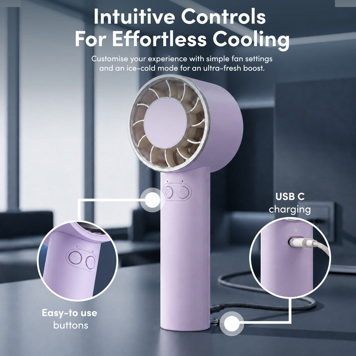 Portable fan USB-C charging port and easy-to-use button controls close-up