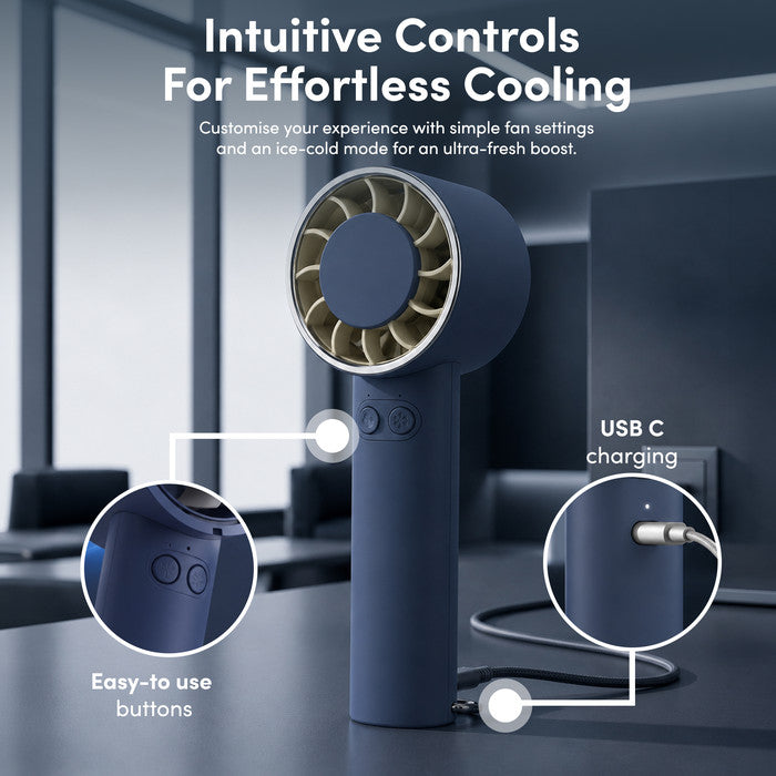 Portable fan USB-C charging port and easy-to-use button controls close-up