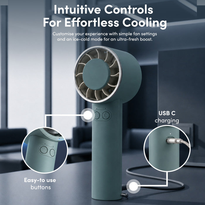 Portable fan USB-C charging port and easy-to-use button controls close-up