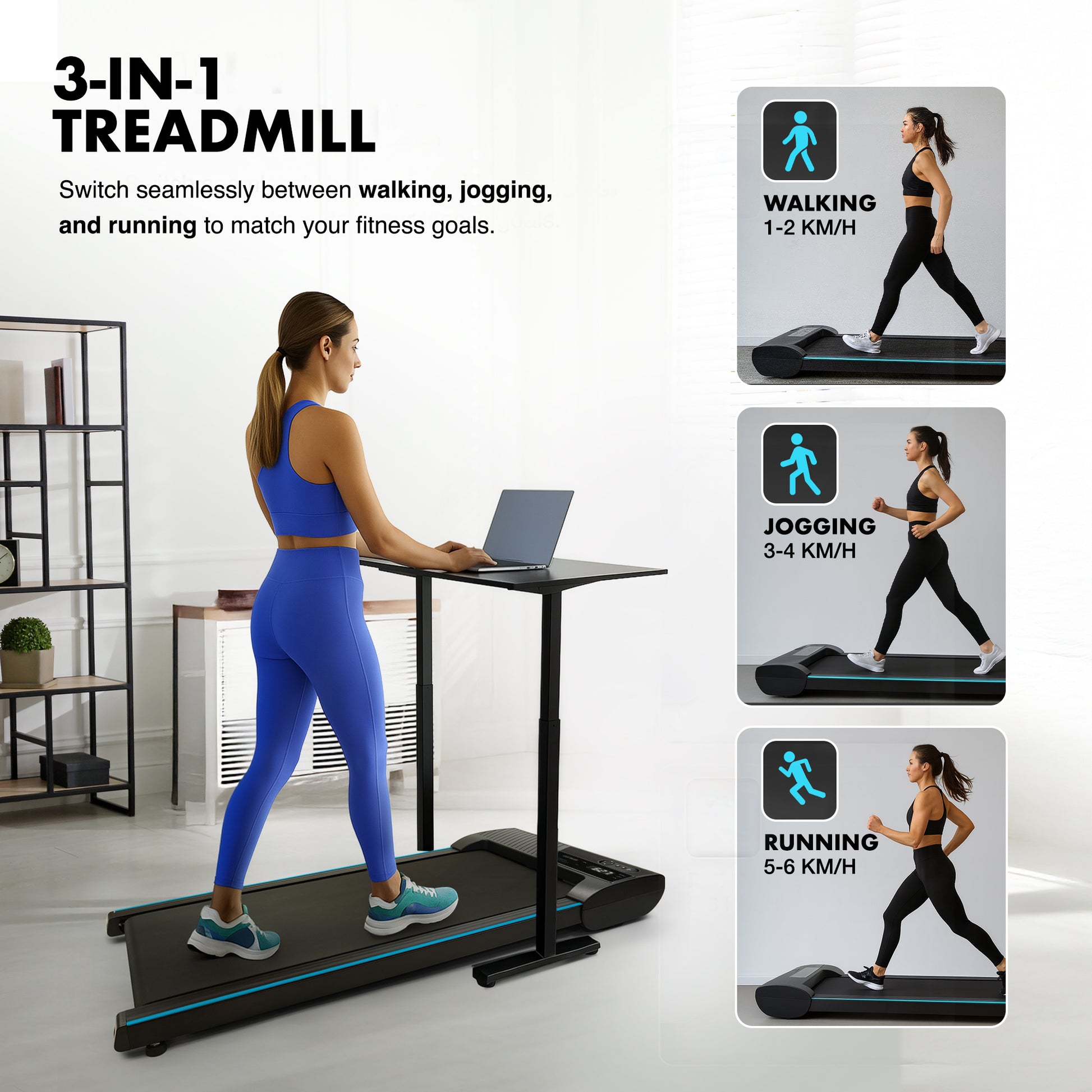 Kayman 3-in-1 Walking Pad Treadmill – Under Desk Electric Treadmill, Space-Saving, 120kg Capacity, 1–6km/h, Running, Walking & Working Modes, 2-Level Manual Incline, LED Display, Remote,900×400mm Belt – image 3