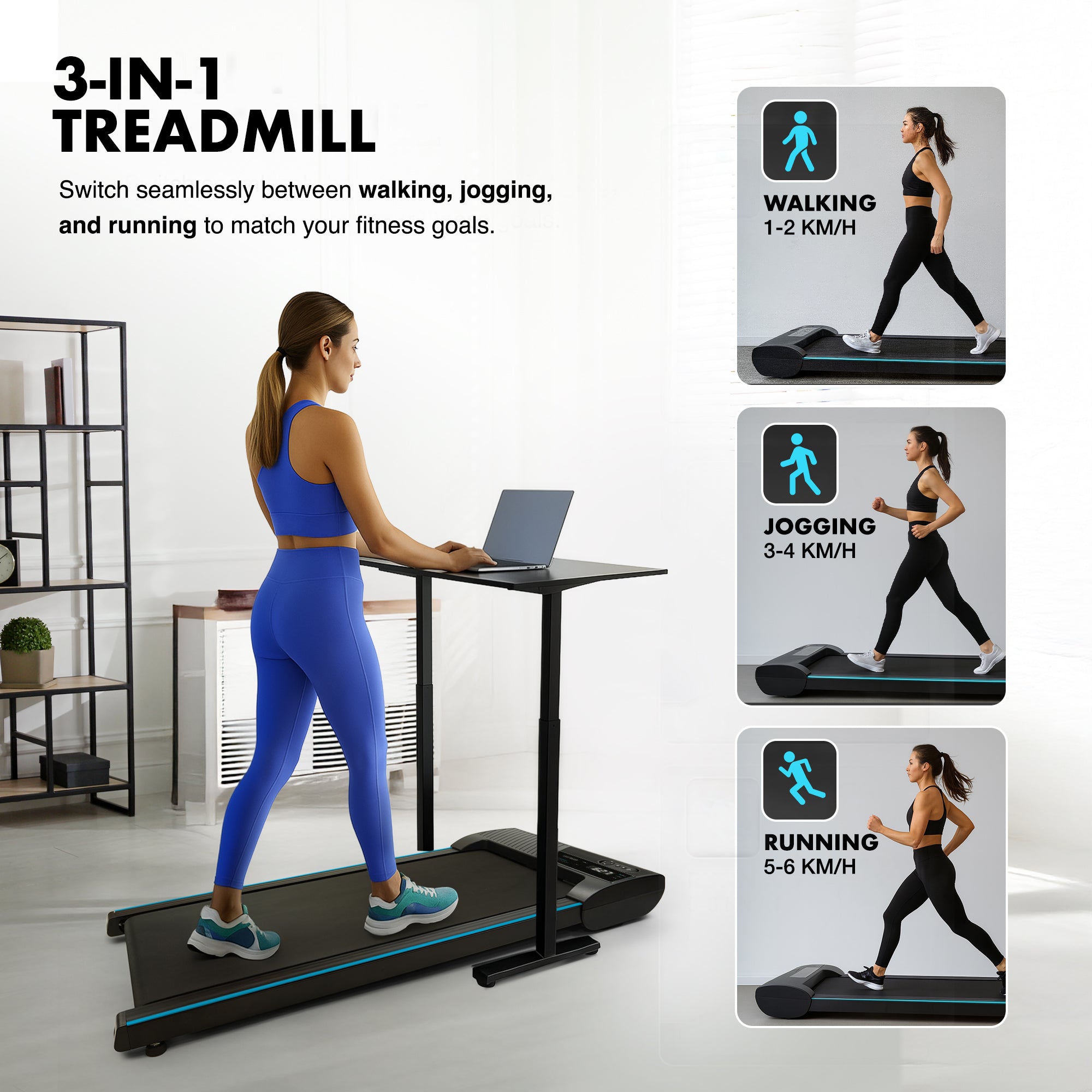 Kayman 3-in-1 Walking Pad Treadmill – Under Desk Electric Treadmill, Space-Saving, 120kg Capacity, 1–6km/h, Running, Walking & Working Modes, 2-Level Manual Incline, LED Display, Remote,900×400mm Belt