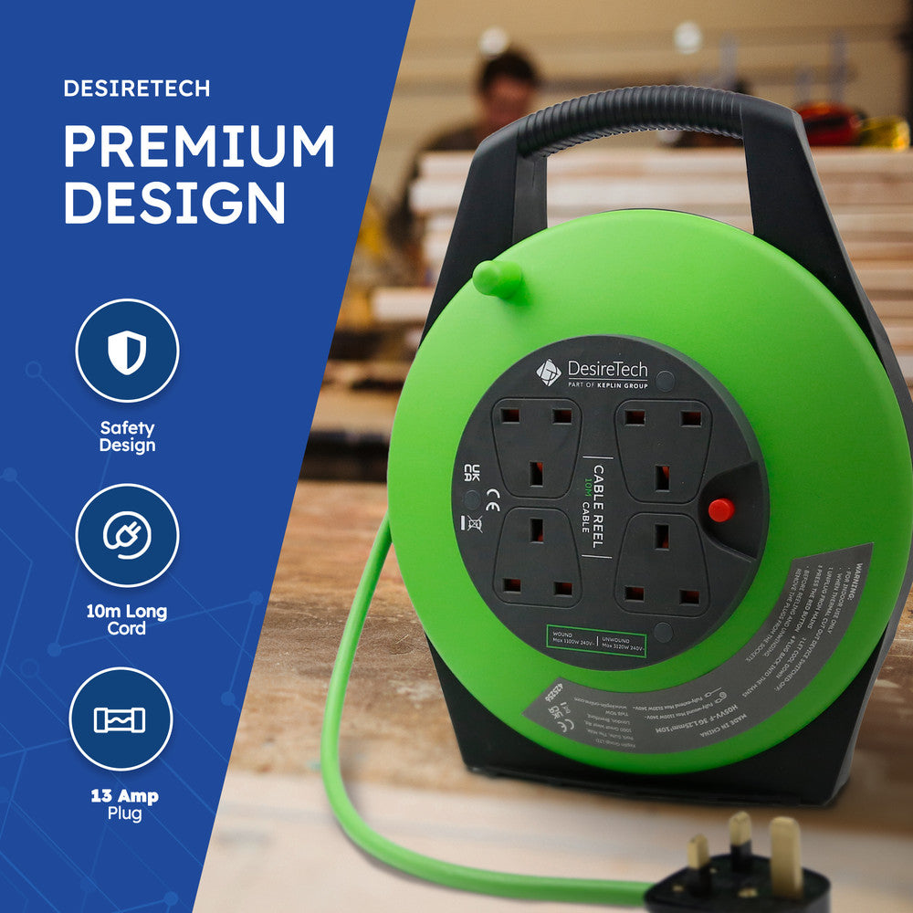 Desiretech Heavy-Duty Portable Cable Reel Extension Lead – 4 Shuttered Sockets, Thermal Cut-Out, Ergonomic Handle, Green/Black – Robust Extension Cord for Indoor Use – image 12