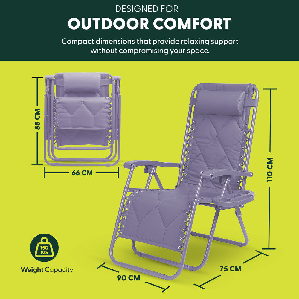 KEPLIN Set of 2 XXL Premium Heavy Duty Quilted Zero Gravity Chairs - Luxurious Garden Recliners, Adjustable Headrest, Cup & Phone Holder, Foldable, Easy to Clean Patio Sun Loungers