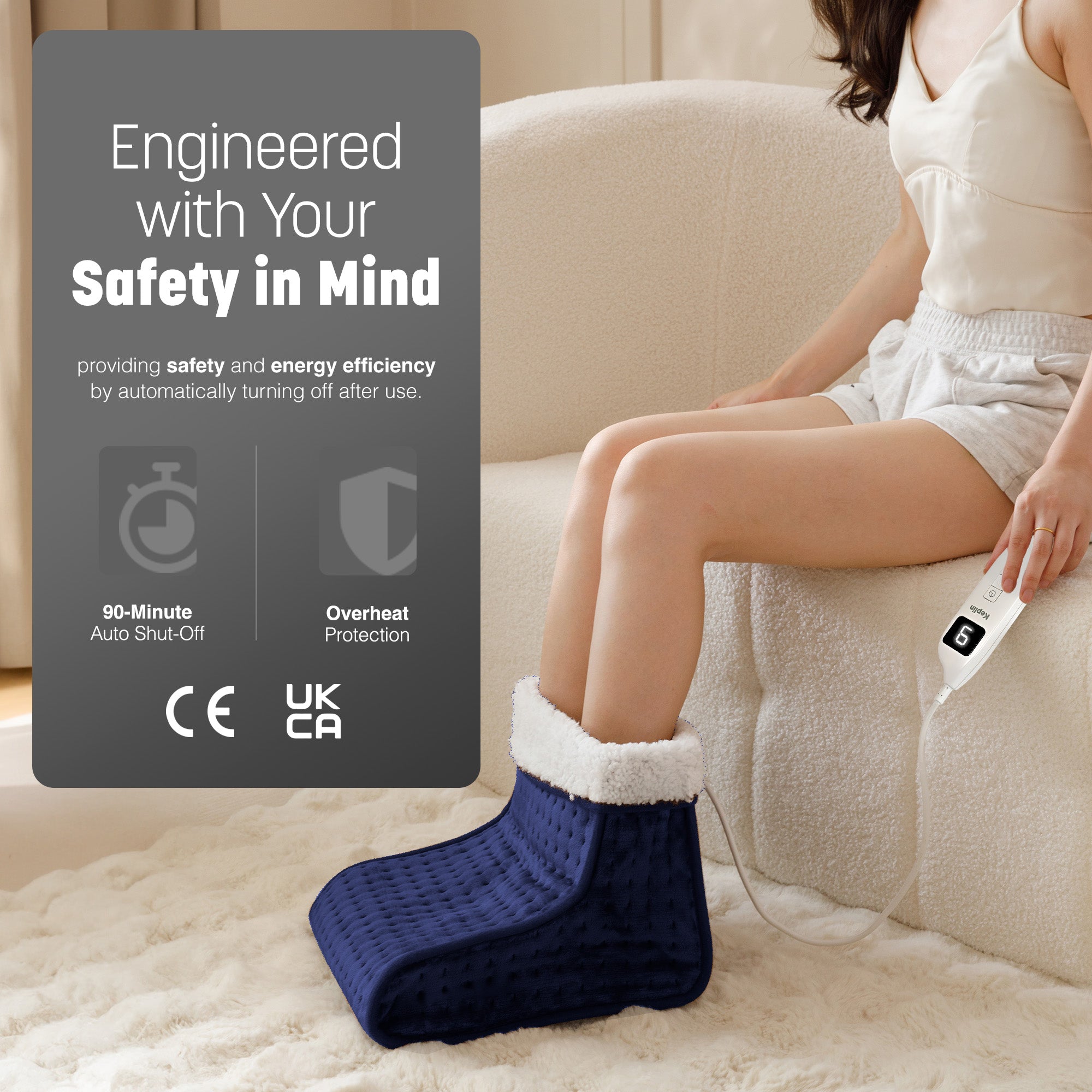 KEPLIN Electric Foot Warmer, 1 Pack - 4 Adjustable Temperature Settings, 90-Min Auto Shut-Off Timer, Overheat & Overcurrent Protection, Soft Fleece Lining, Washable Inner Sleeves (32x28x26cm)