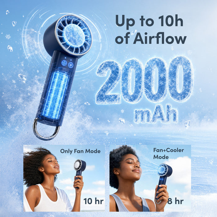 Handheld cooling fan 2000mAh battery runtime – 10h Fan mode, 8h Fan+Cooler Mode