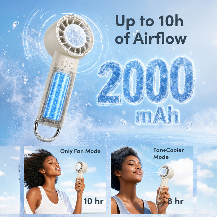Handheld cooling fan 2000mAh battery runtime infographic – 10h Fan mode, 8h fan + Cooler Mode