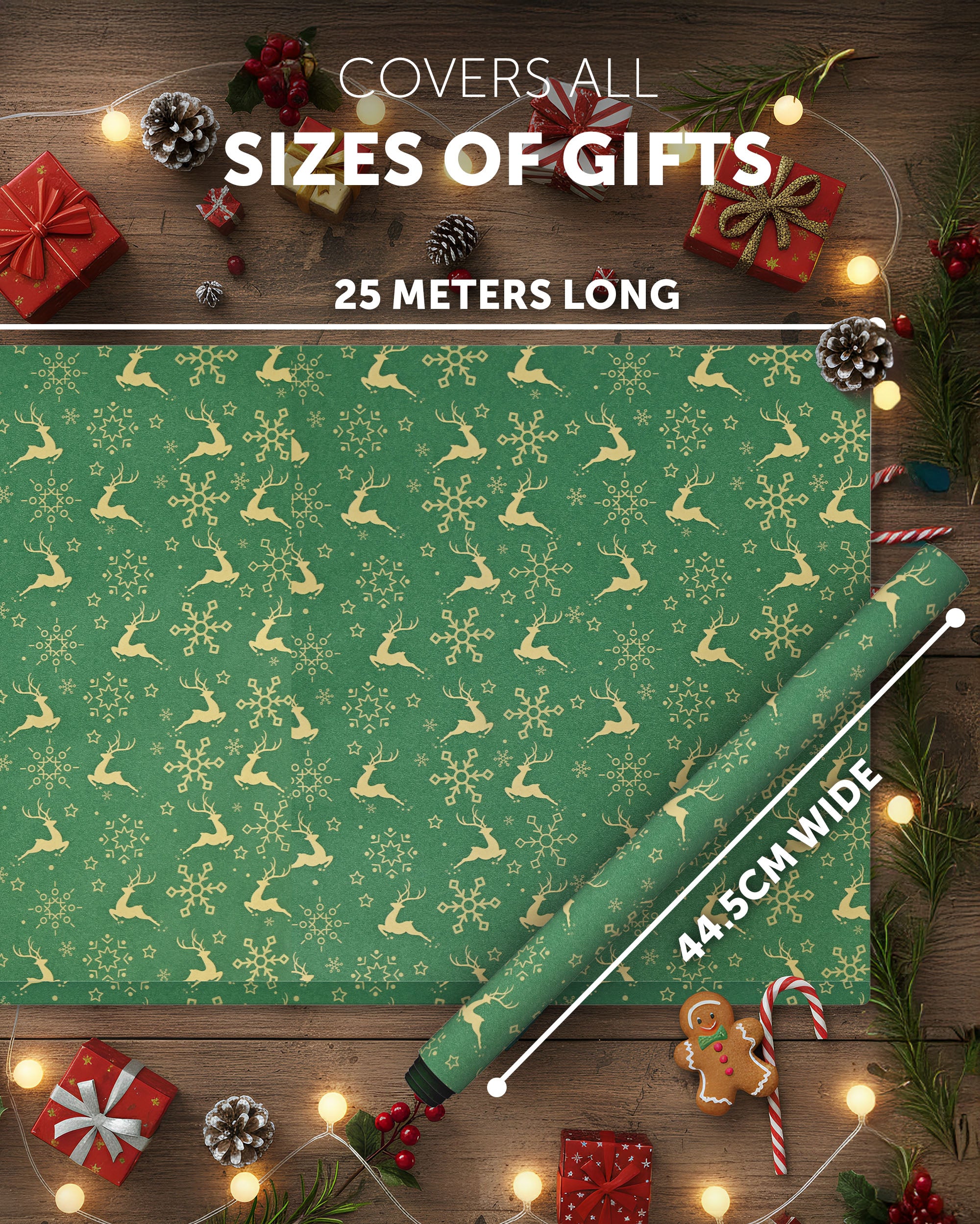 Kraft & Co 2 Pack Christmas Wrapping Paper Roll - Festive Designed Recyclable Kraft Paper, Perfect for Holiday Gifts, Arts & Crafts-Wrapping for a Merry Christmas (44.5cm x 25m)