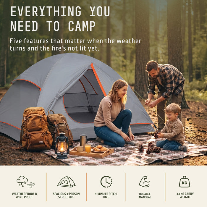 3 person camping tent pitched in forest, weatherproof windproof 3.3kg lightweight