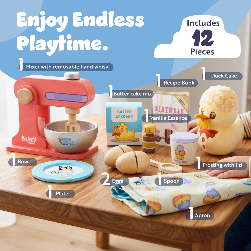 12-piece Bluey wooden baking set contents laid out – kids pretend play toy UK