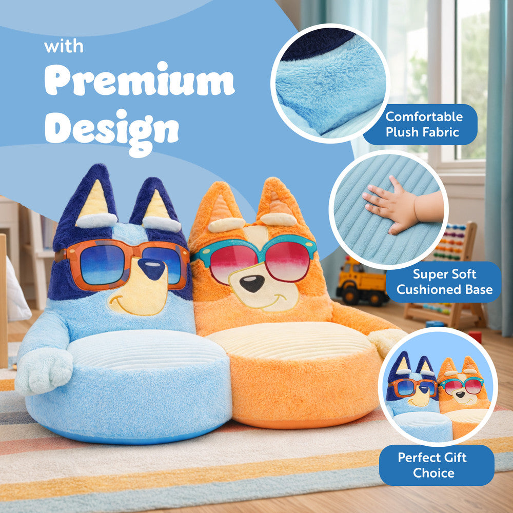 Toddler plush sofa chair featuring Bluey and Bingo – cosy kids seating for playroom