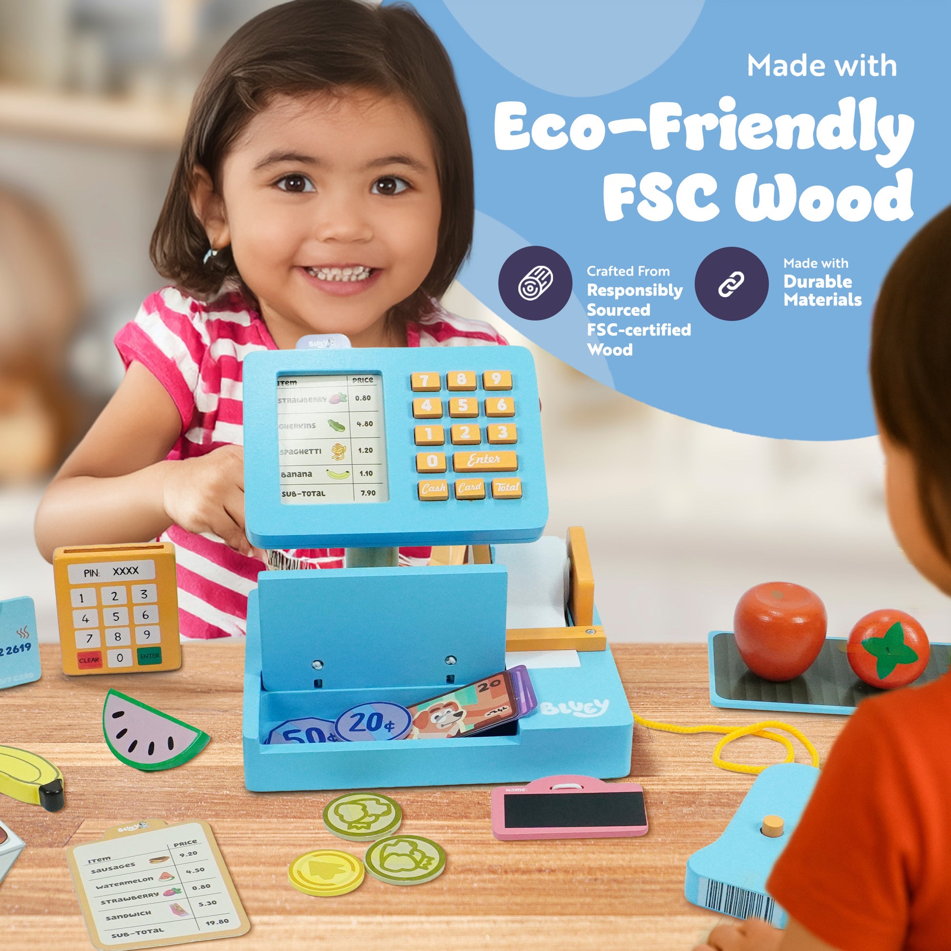 Bluey toy cash register with toy credit card and Dollar Bucks – roleplay checkout game for children UK