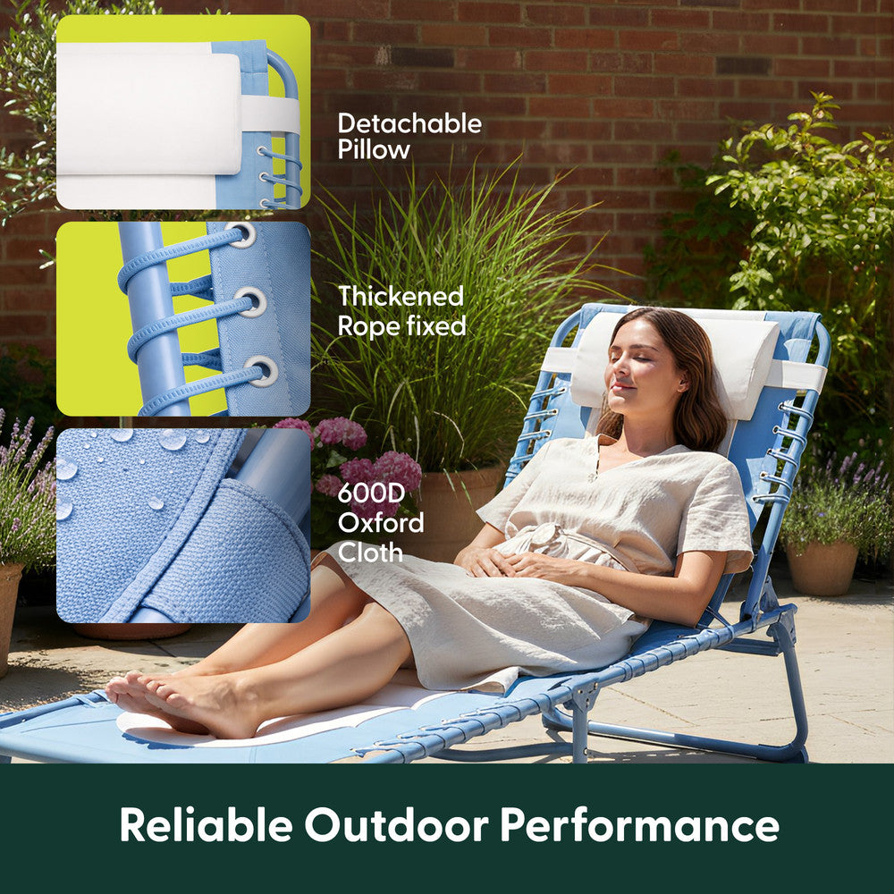 Blue Padded Garden Sun Lounger Side View – Folding 600D Oxford Outdoor Recliner