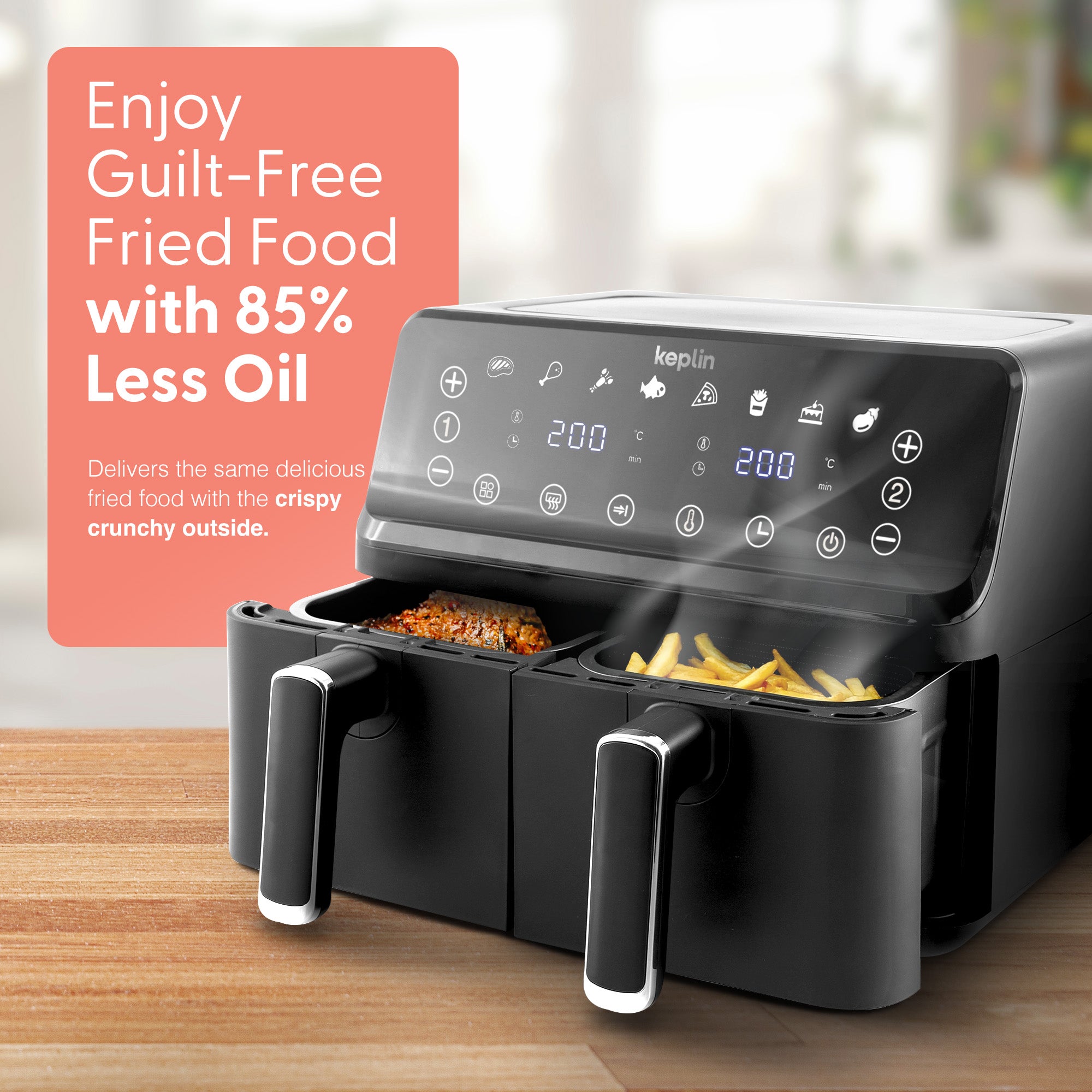 Keplin 9L Dual Zone Air Fryer - 2700W Energy-Saving Cooker with 6 Cooking Functions - Extra-Large Capacity for Healthy Meals - Roast, Bake, Dehydrate, Crisp - Family Size, 2 Years Warranty