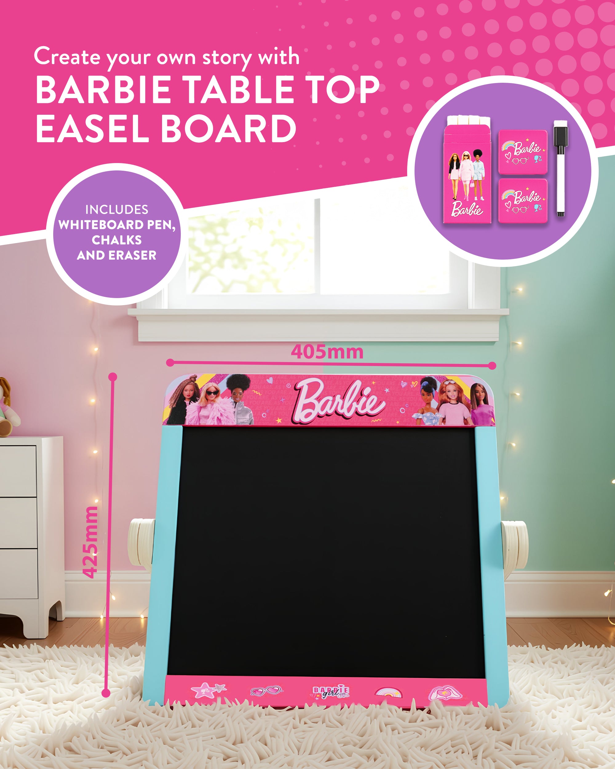 Barbie Tabletop Easel – Double Sided Blackboard & Whiteboard with Pen, Eraser & Chalk – Kids Drawing Art Board – Wooden Easel for Creative Play