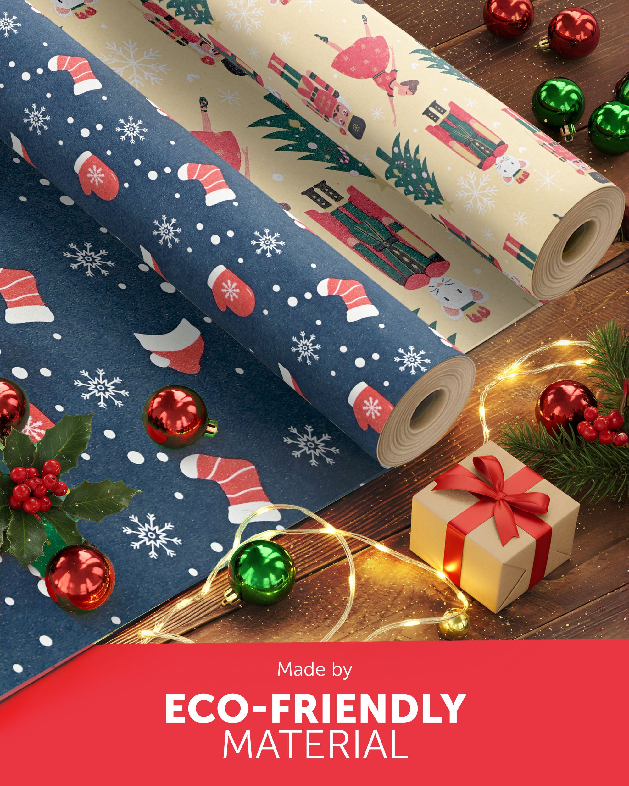Kraft & Co 2 Pack Christmas Wrapping Paper Roll - Festive Designed Recyclable Kraft Paper, Perfect for Holiday Gifts, Arts & Crafts-Wrapping for a Merry Christmas (44.5cm x 25m)