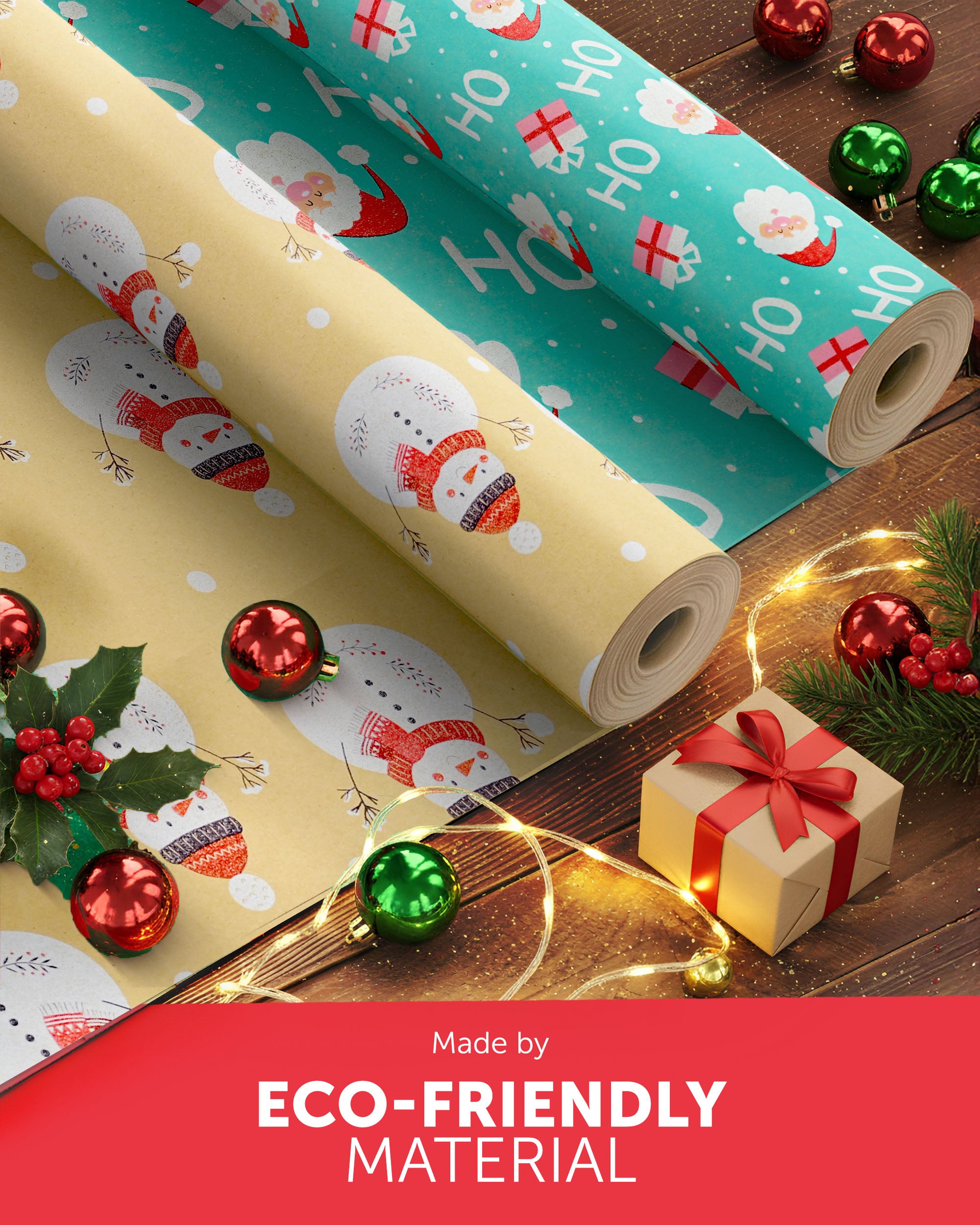 Kraft & Co 2 Pack Christmas Wrapping Paper Roll - Festive Designed Recyclable Kraft Paper, Perfect for Holiday Gifts, Arts & Crafts-Wrapping for a Merry Christmas (44.5cm x 25m)