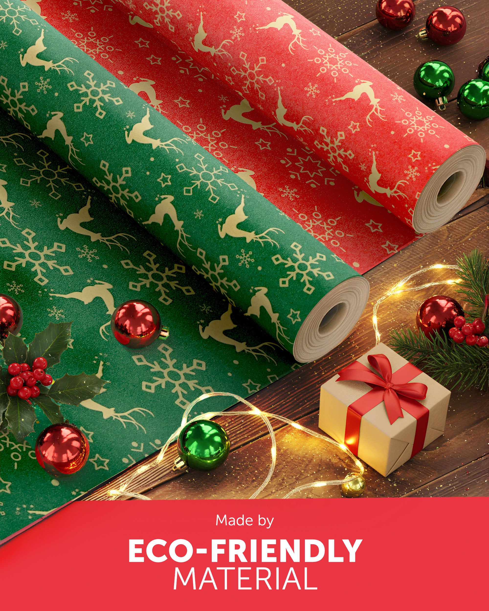 Kraft & Co 2 Pack Christmas Wrapping Paper Roll - Festive Designed Recyclable Kraft Paper, Perfect for Holiday Gifts, Arts & Crafts-Wrapping for a Merry Christmas (44.5cm x 25m)