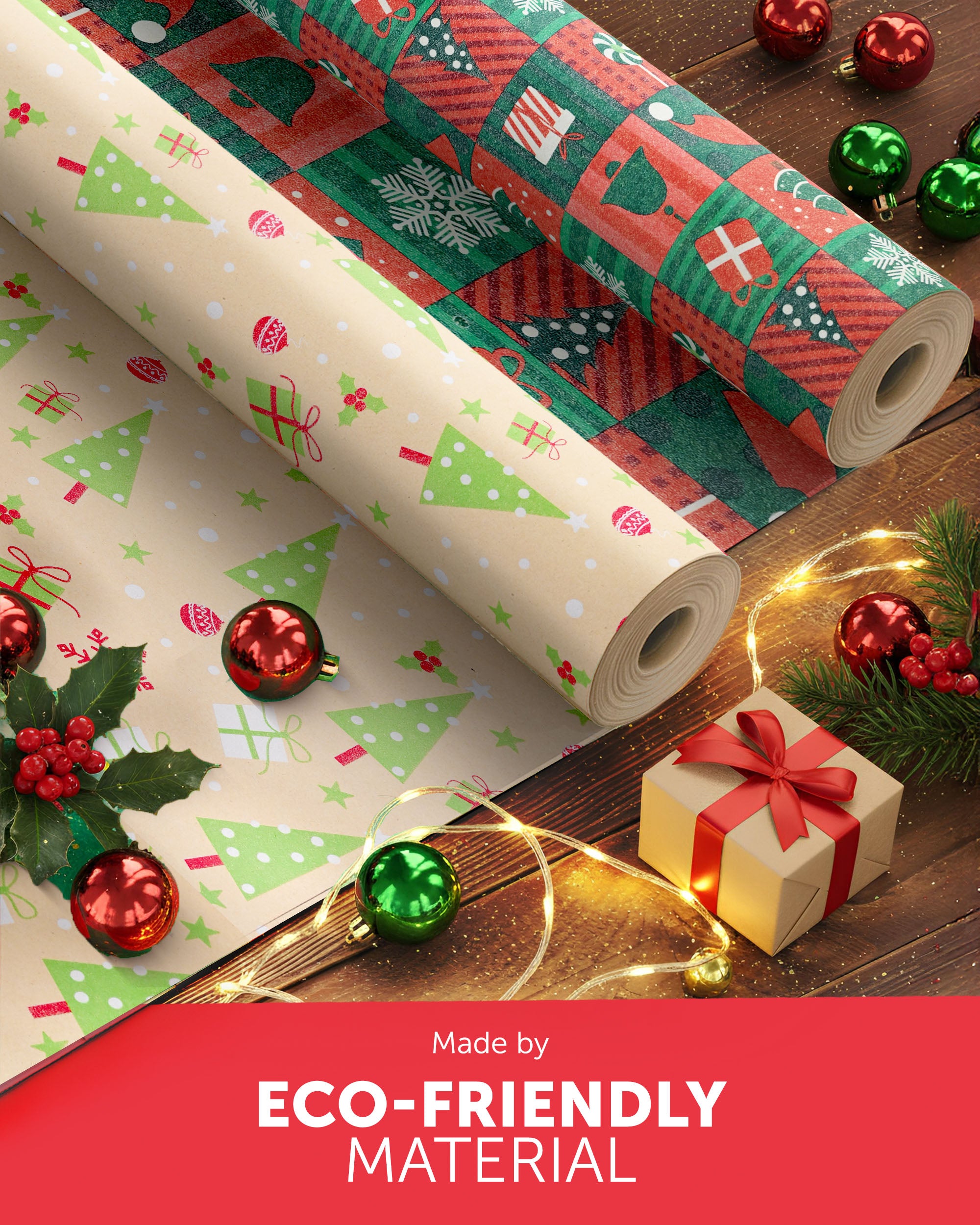 Kraft & Co 2 Pack Christmas Wrapping Paper Roll - Festive Designed Recyclable Kraft Paper, Perfect for Holiday Gifts, Arts & Crafts-Wrapping for a Merry Christmas (44.5cm x 25m)