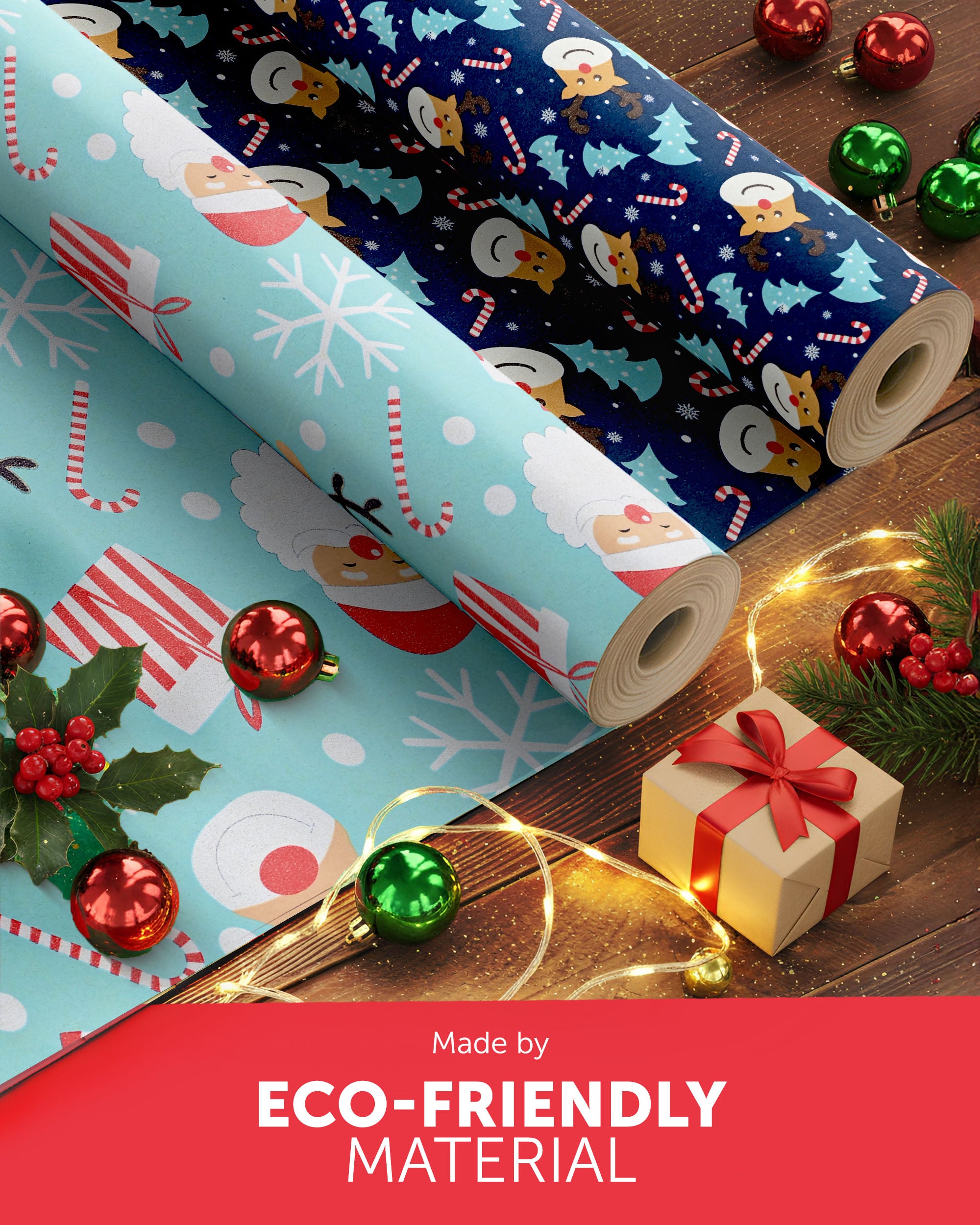 Kraft & Co 2 Pack Christmas Wrapping Paper Roll - Festive Designed Recyclable Kraft Paper, Perfect for Holiday Gifts, Arts & Crafts-Wrapping for a Merry Christmas (44.5cm x 25m)