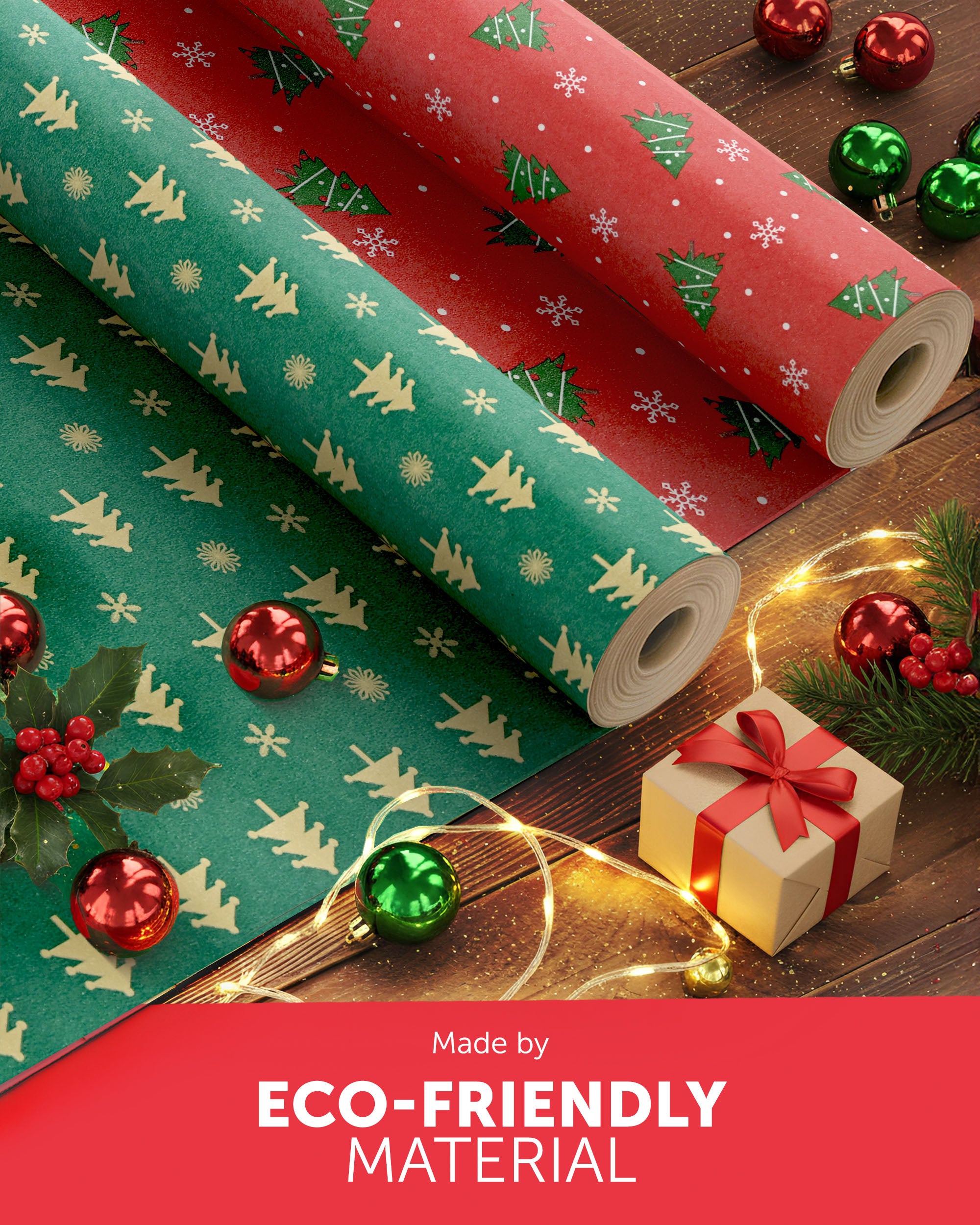 Kraft & Co 2 Pack Christmas Wrapping Paper Roll - Festive Designed Recyclable Kraft Paper, Perfect for Holiday Gifts, Arts & Crafts-Wrapping for a Merry Christmas (44.5cm x 25m)