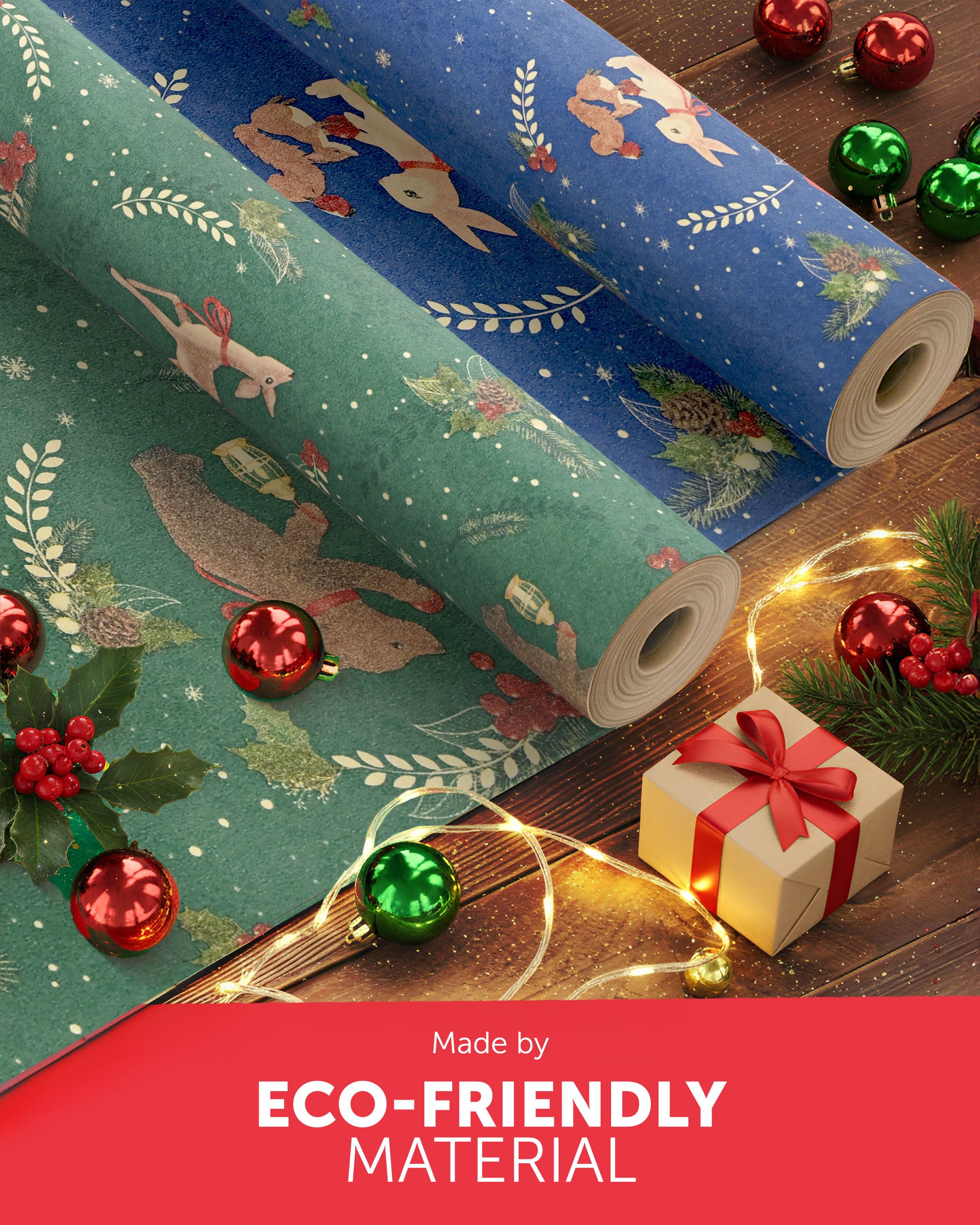 Kraft & Co 2 Pack Christmas Wrapping Paper Roll - Festive Designed Recyclable Kraft Paper, Perfect for Holiday Gifts, Arts & Crafts-Wrapping for a Merry Christmas (44.5cm x 25m)