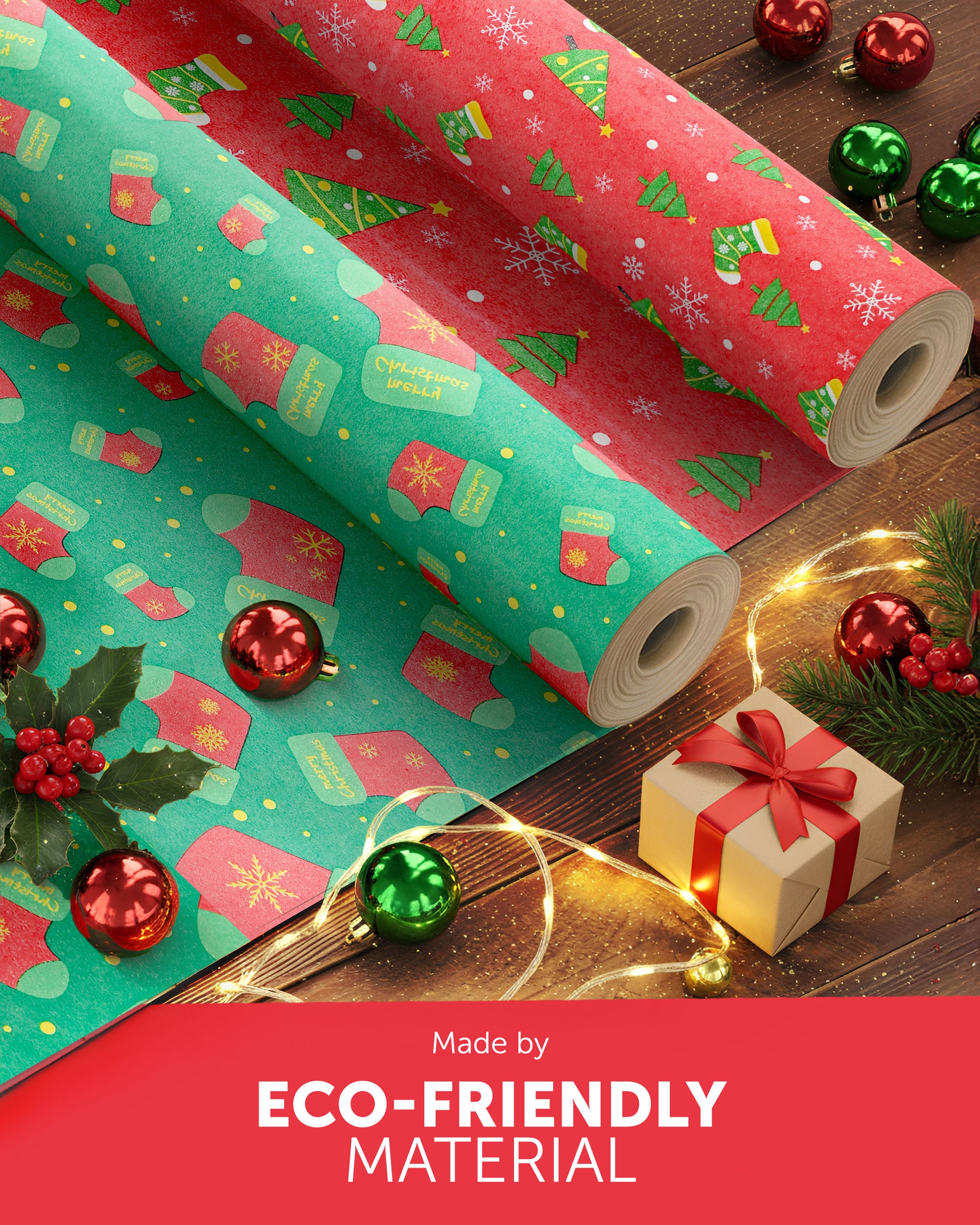 Kraft & Co 2 Pack Christmas Wrapping Paper Roll - Festive Designed Recyclable Kraft Paper, Perfect for Holiday Gifts, Arts & Crafts-Wrapping for a Merry Christmas (44.5cm x 25m)