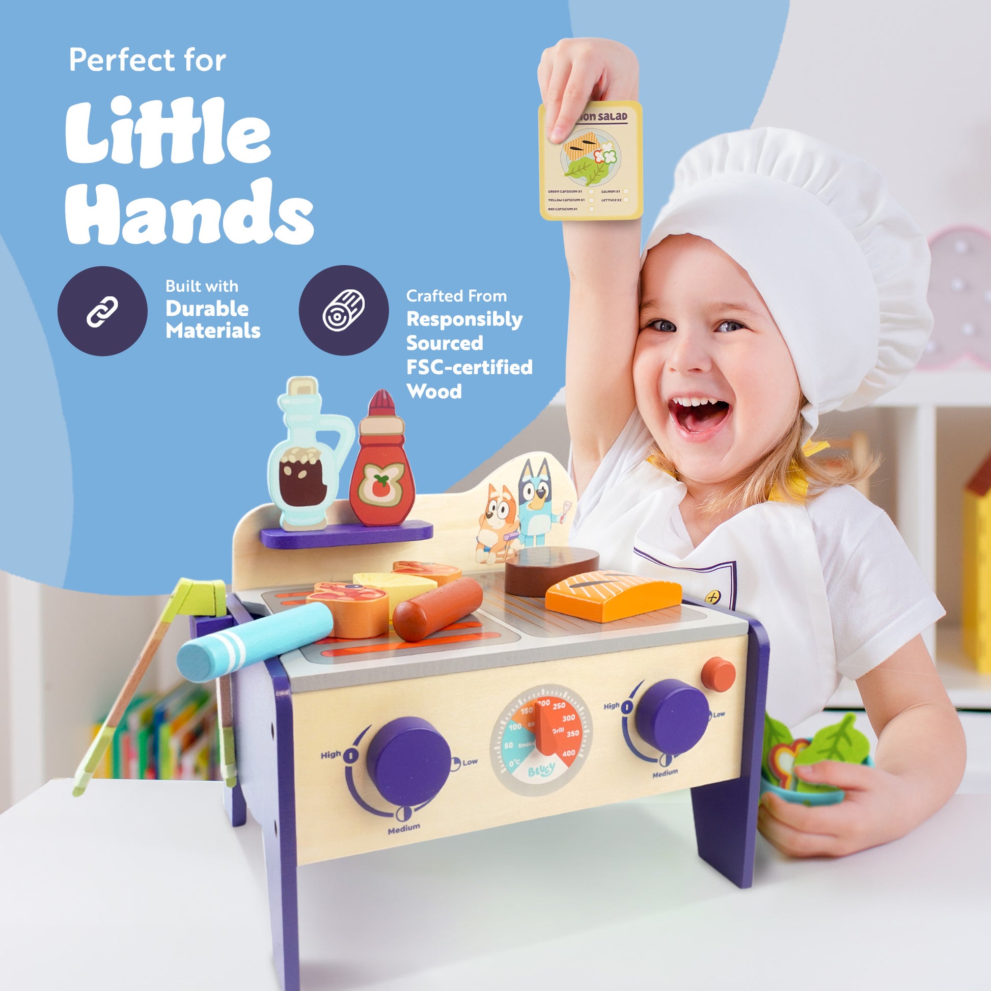 Bluey wooden BBQ set with colourful food pieces – develops teamwork, motor skills and problem-solving ages 3+