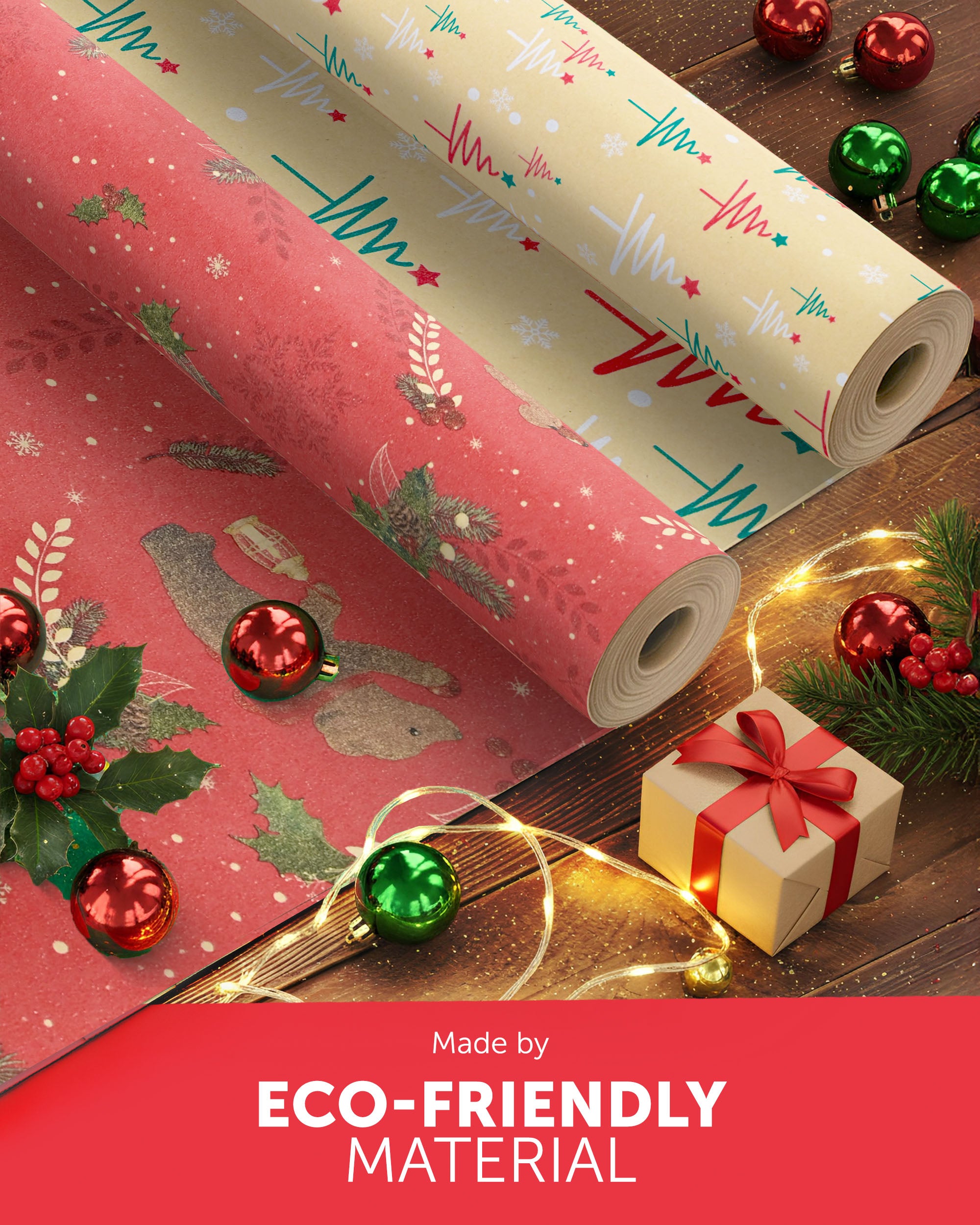 Kraft & Co 2 Pack Christmas Wrapping Paper Roll - Festive Designed Recyclable Kraft Paper, Perfect for Holiday Gifts, Arts & Crafts-Wrapping for a Merry Christmas (44.5cm x 25m)