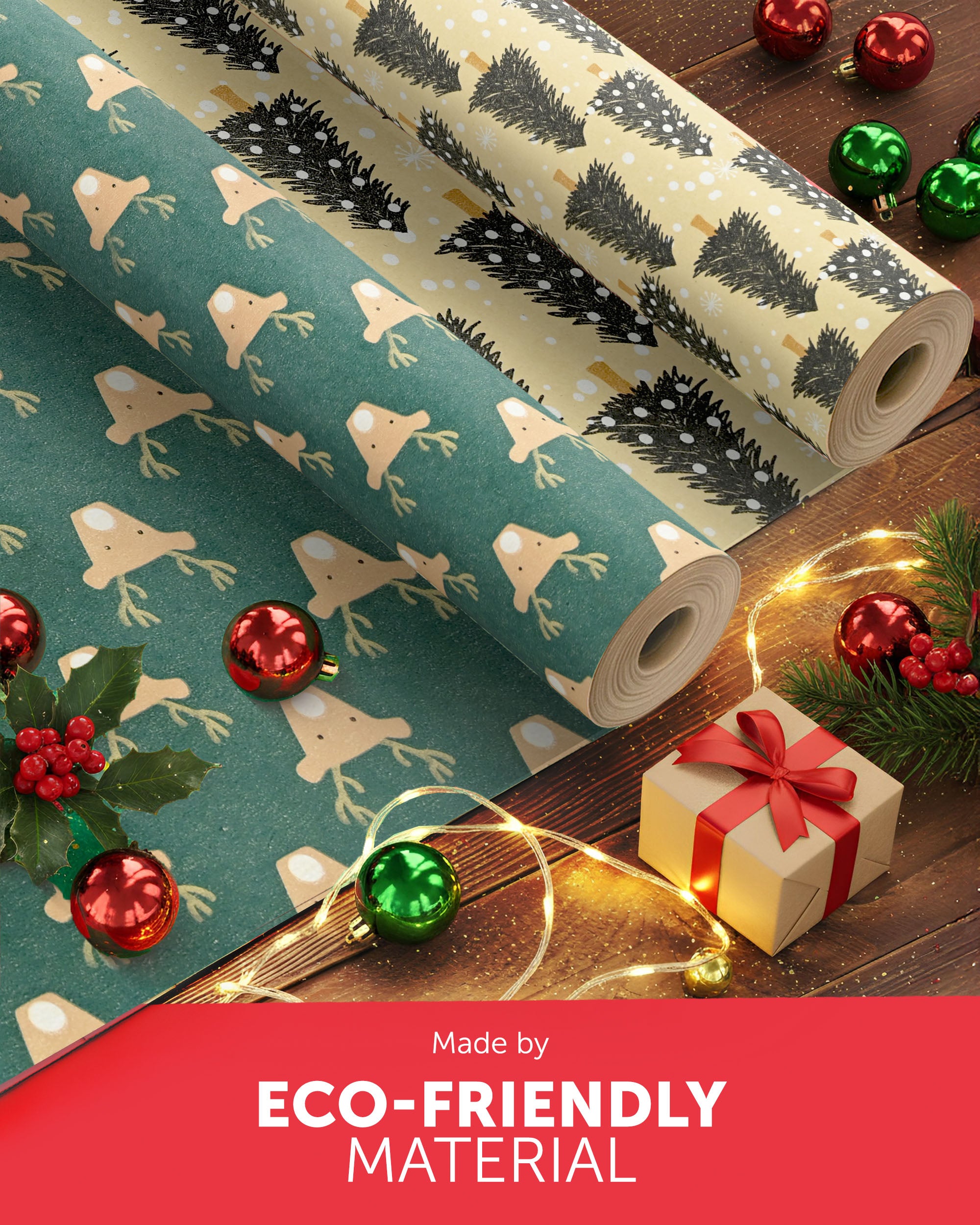 Kraft & Co 2 Pack Christmas Wrapping Paper Roll - Festive Designed Recyclable Kraft Paper, Perfect for Holiday Gifts, Arts & Crafts-Wrapping for a Merry Christmas (44.5cm x 25m)