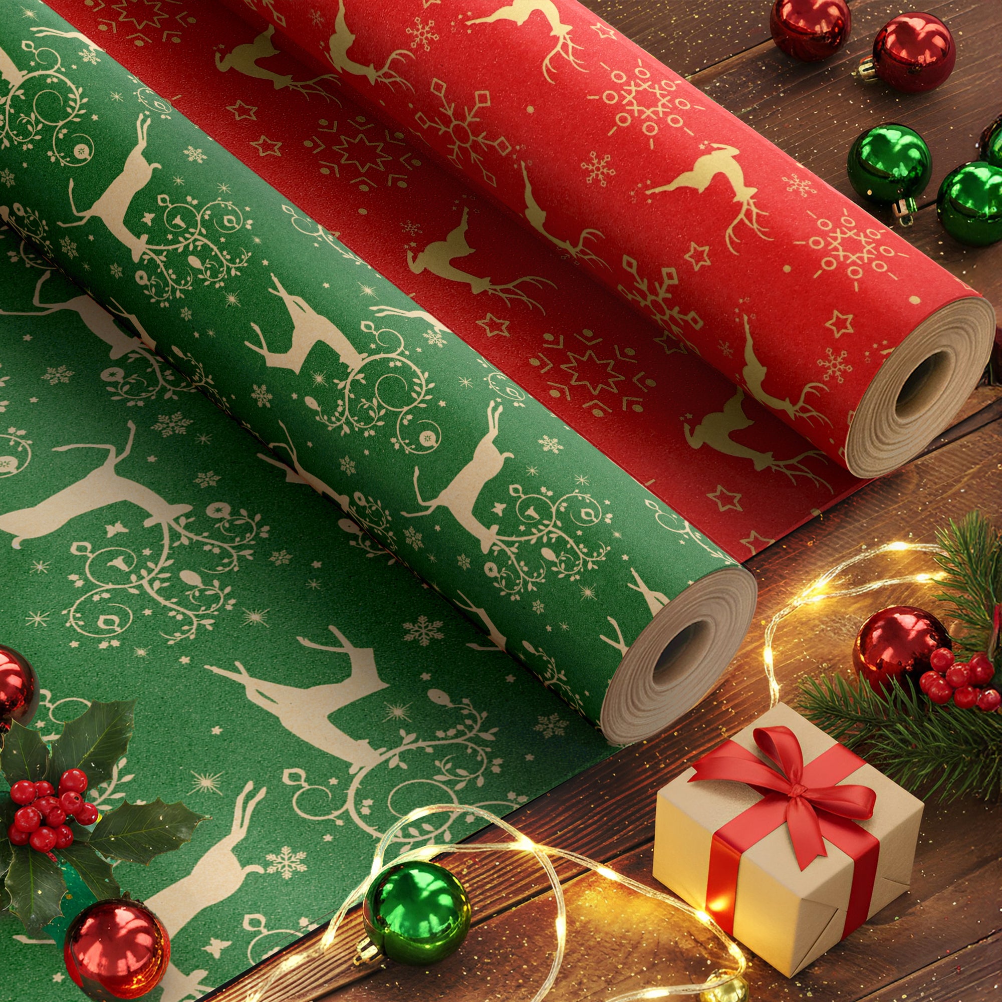 Kraft & Co 2 Pack Christmas Wrapping Paper Roll - Festive Designed Recyclable Kraft Paper, Perfect for Holiday Gifts, Arts & Crafts-Wrapping for a Merry Christmas (44.5cm x 25m)