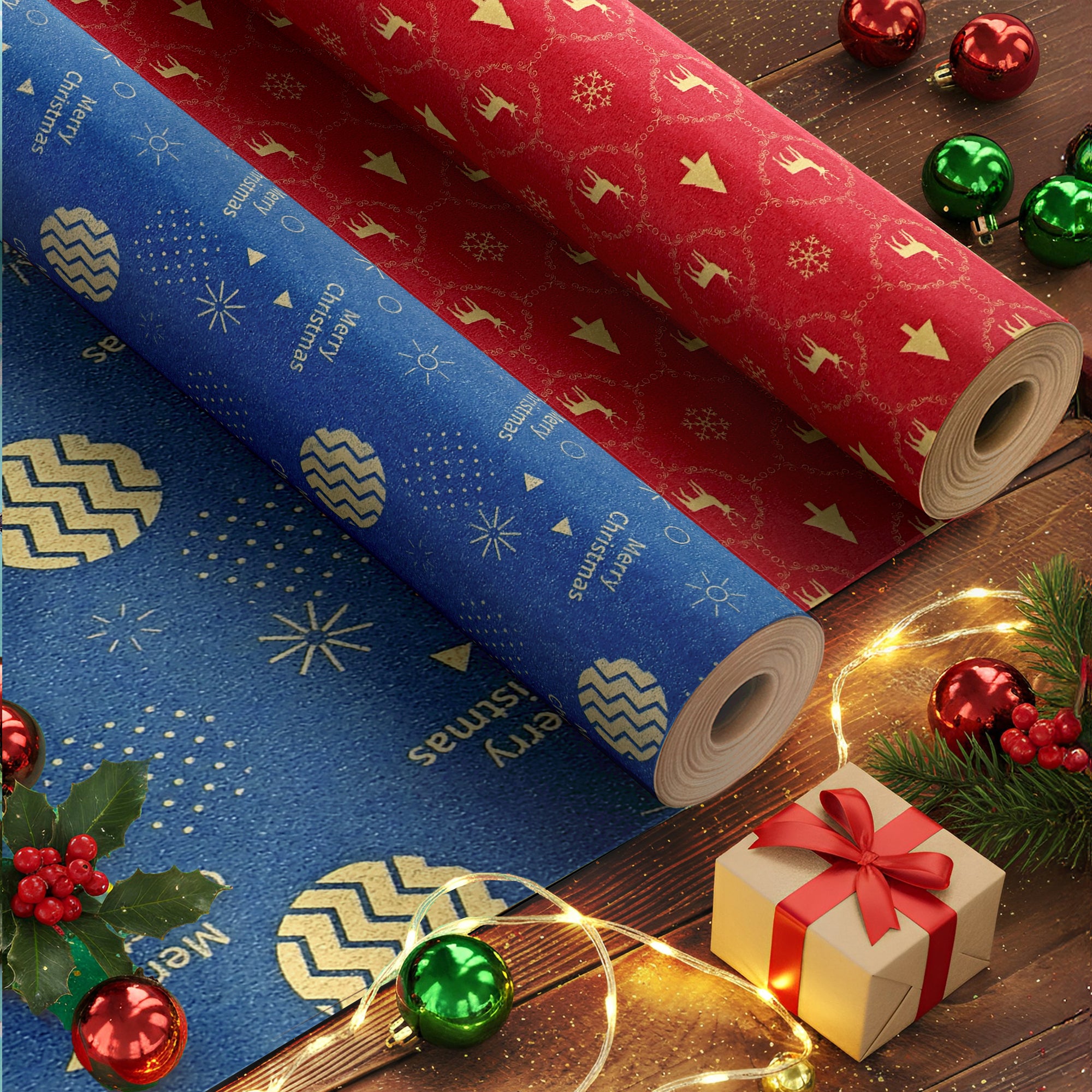 Kraft & Co 2 Pack Christmas Wrapping Paper Roll - Festive Designed Recyclable Kraft Paper, Perfect for Holiday Gifts, Arts & Crafts-Wrapping for a Merry Christmas (44.5cm x 25m)